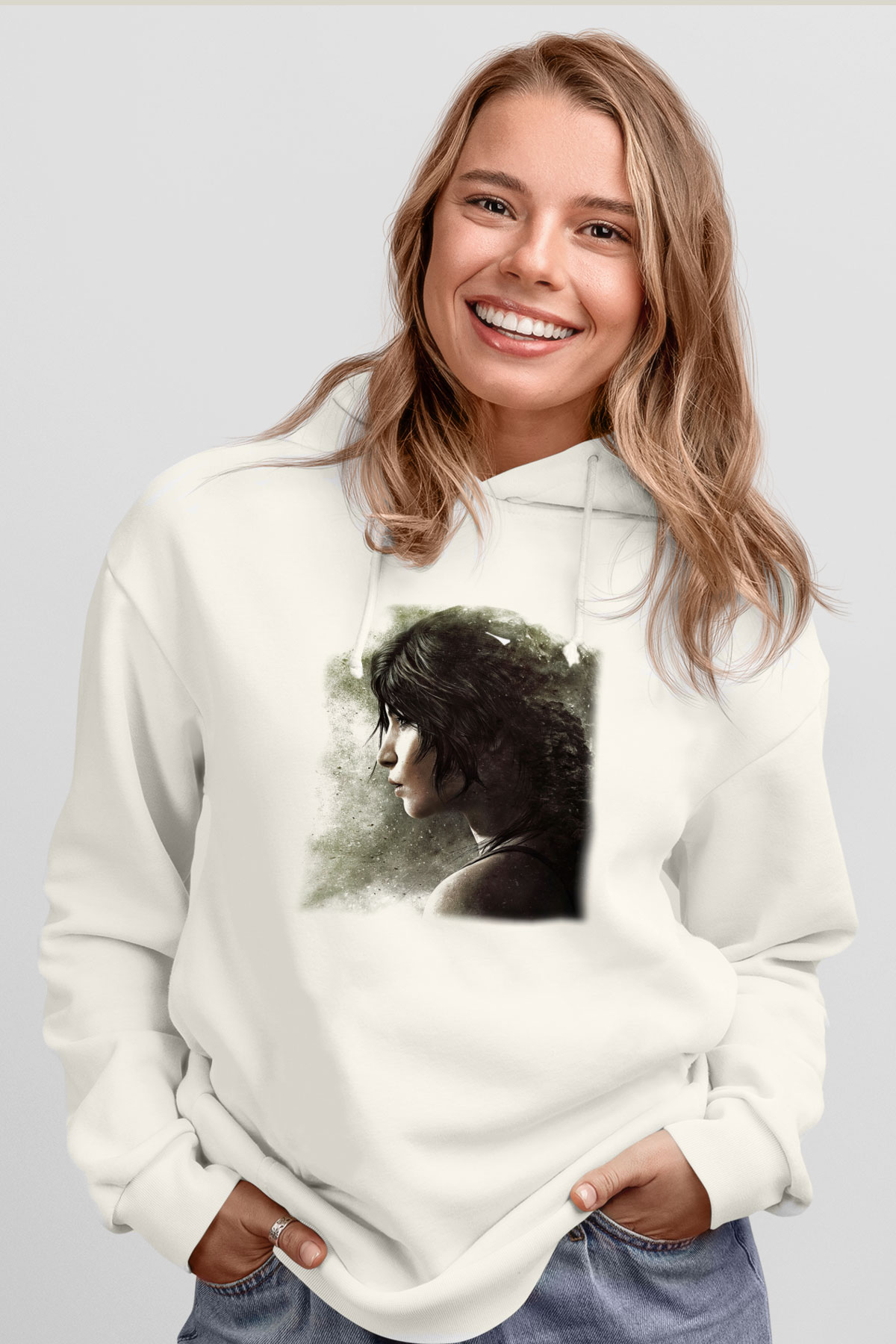 Tomb Raider Beyaz Unisex Hoodie