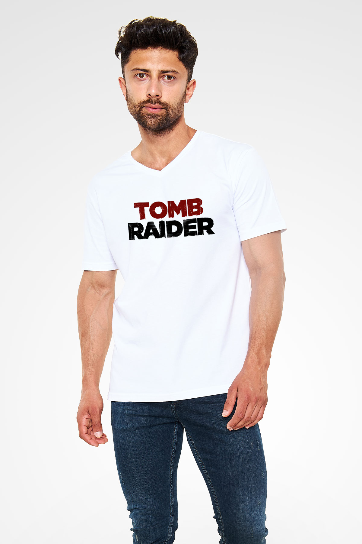 Tomb Raider Beyaz Unisex V Yaka Tişört T-Shirt