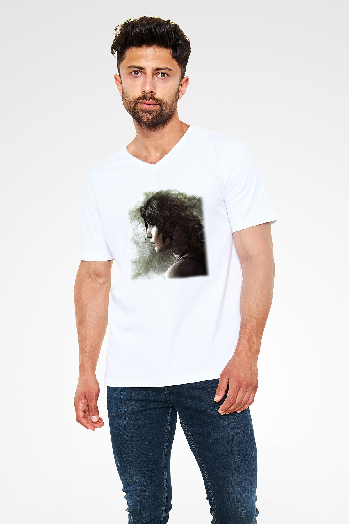Tomb Raider Beyaz Unisex V Yaka Tişört T-Shirt