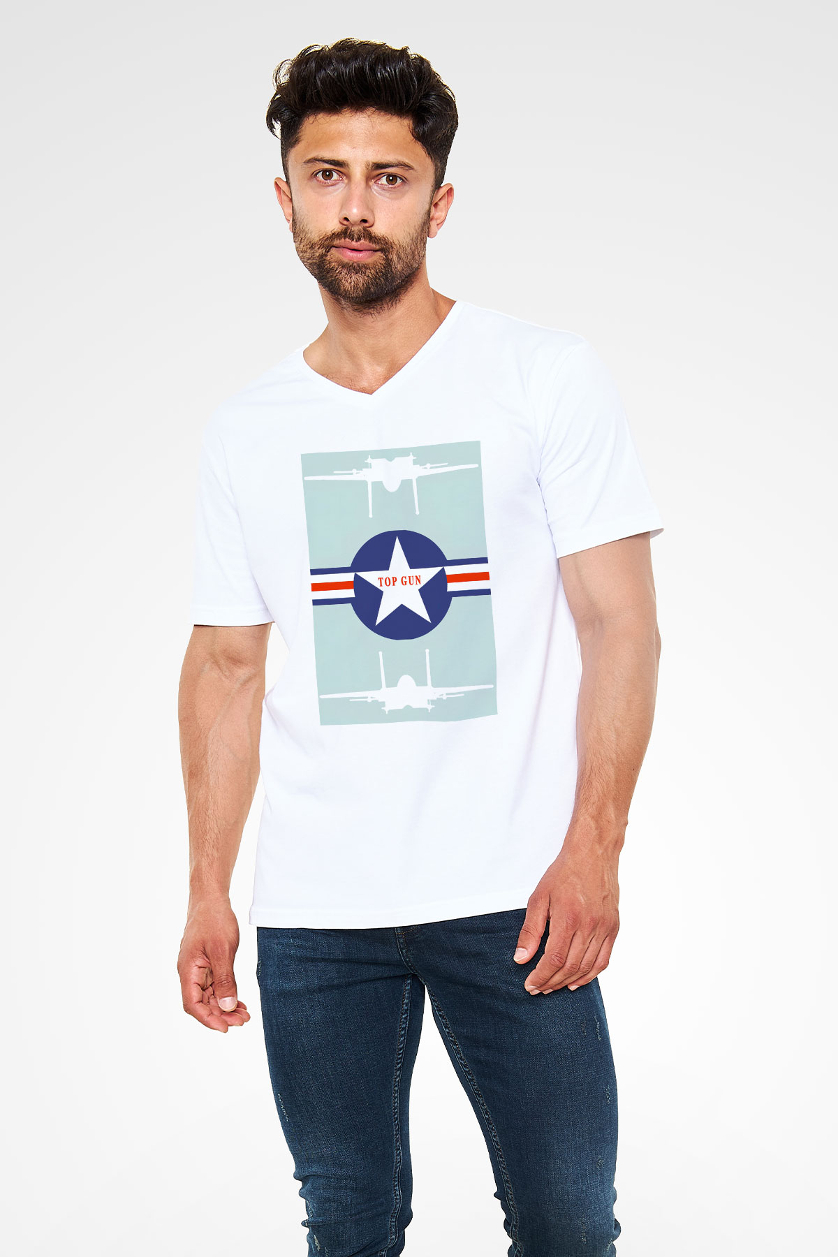 Top Gun Beyaz Unisex V Yaka Tişört T-Shirt