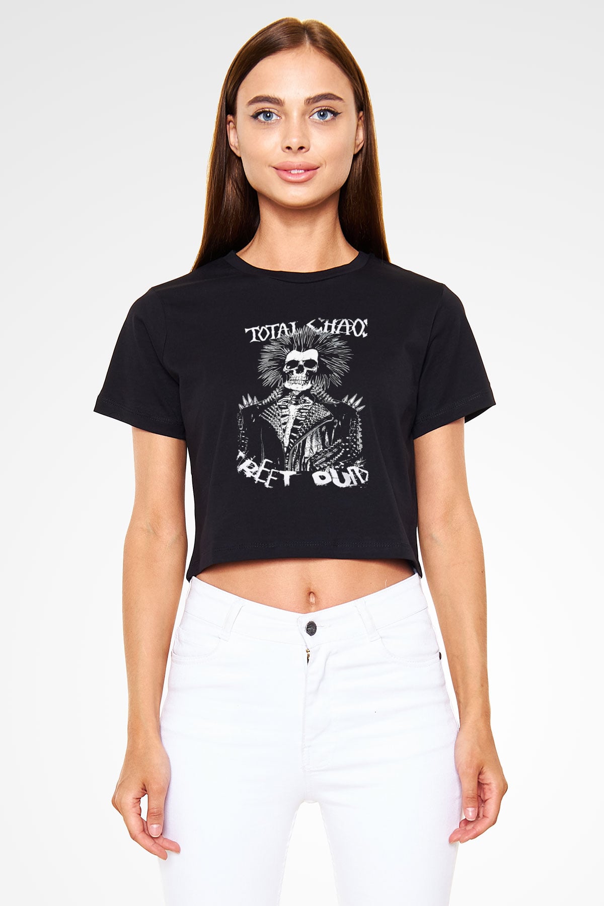 Total Chaos Baskılı Siyah Crop Top Kadın Tişört - Tshirt