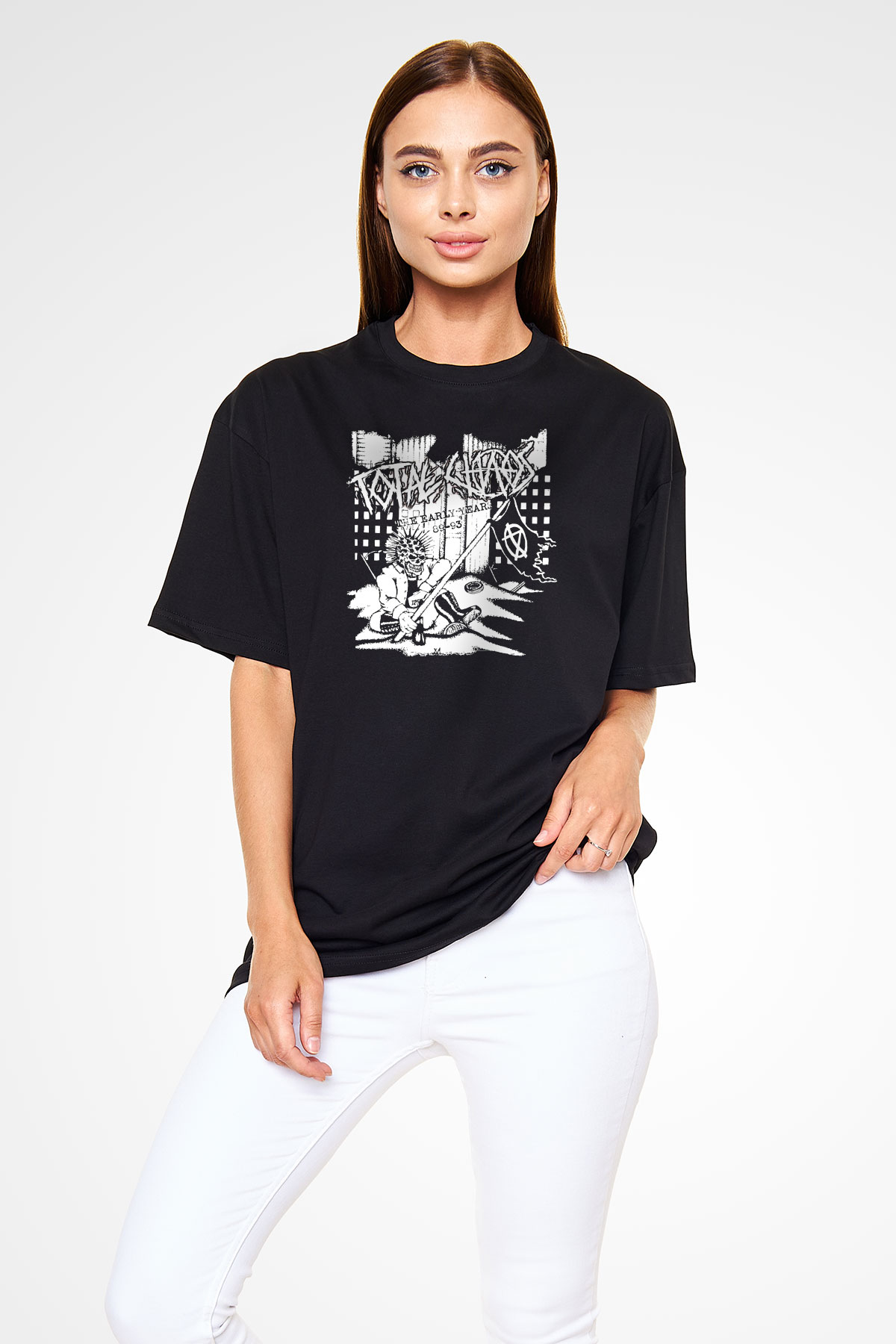 Total Chaos Baskılı Unisex Siyah Oversize Tişört - Tshirt