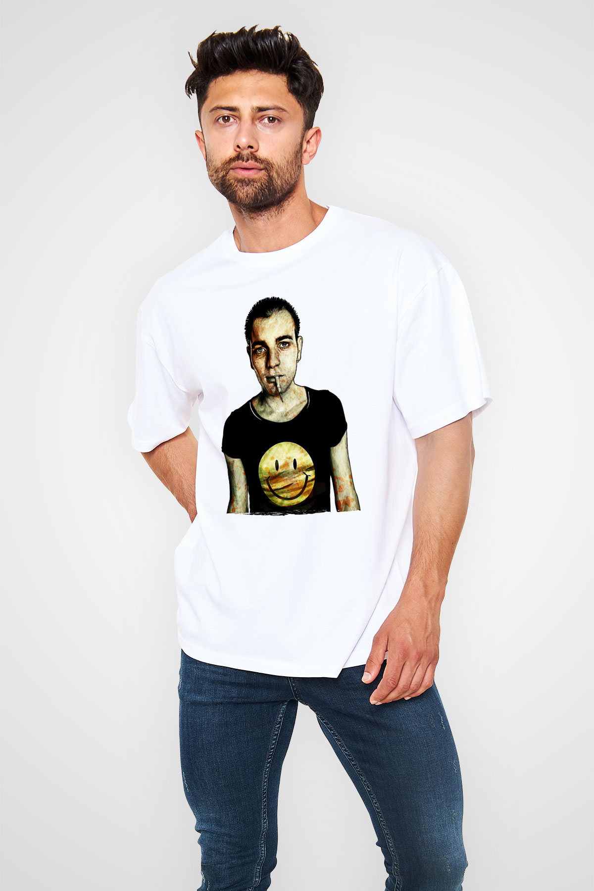 Trainspotting Baskılı Beyaz Unisex Oversize Tişört - Tshirt