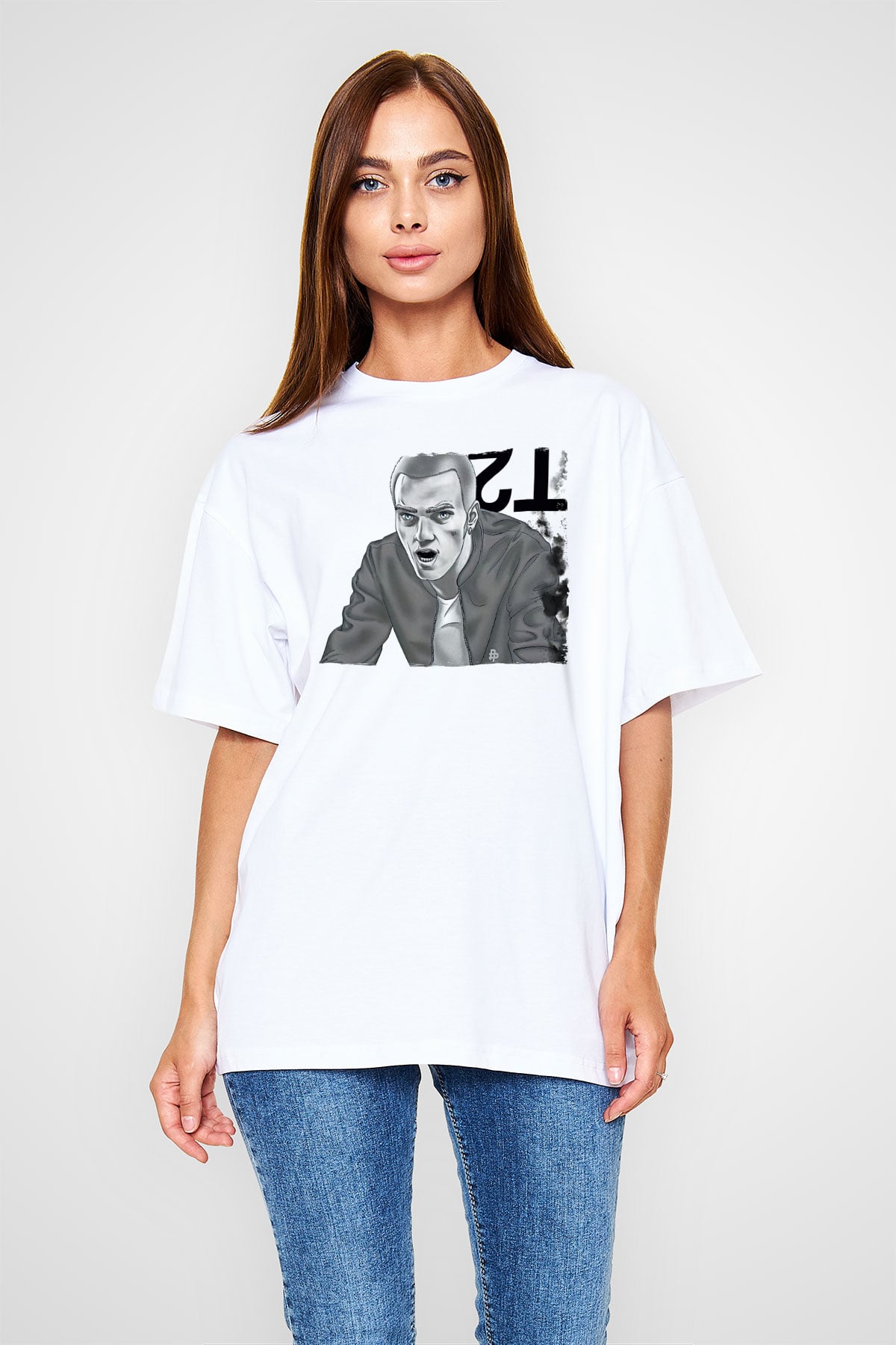 Trainspotting Baskılı Beyaz Unisex Oversize Tişört - Tshirt