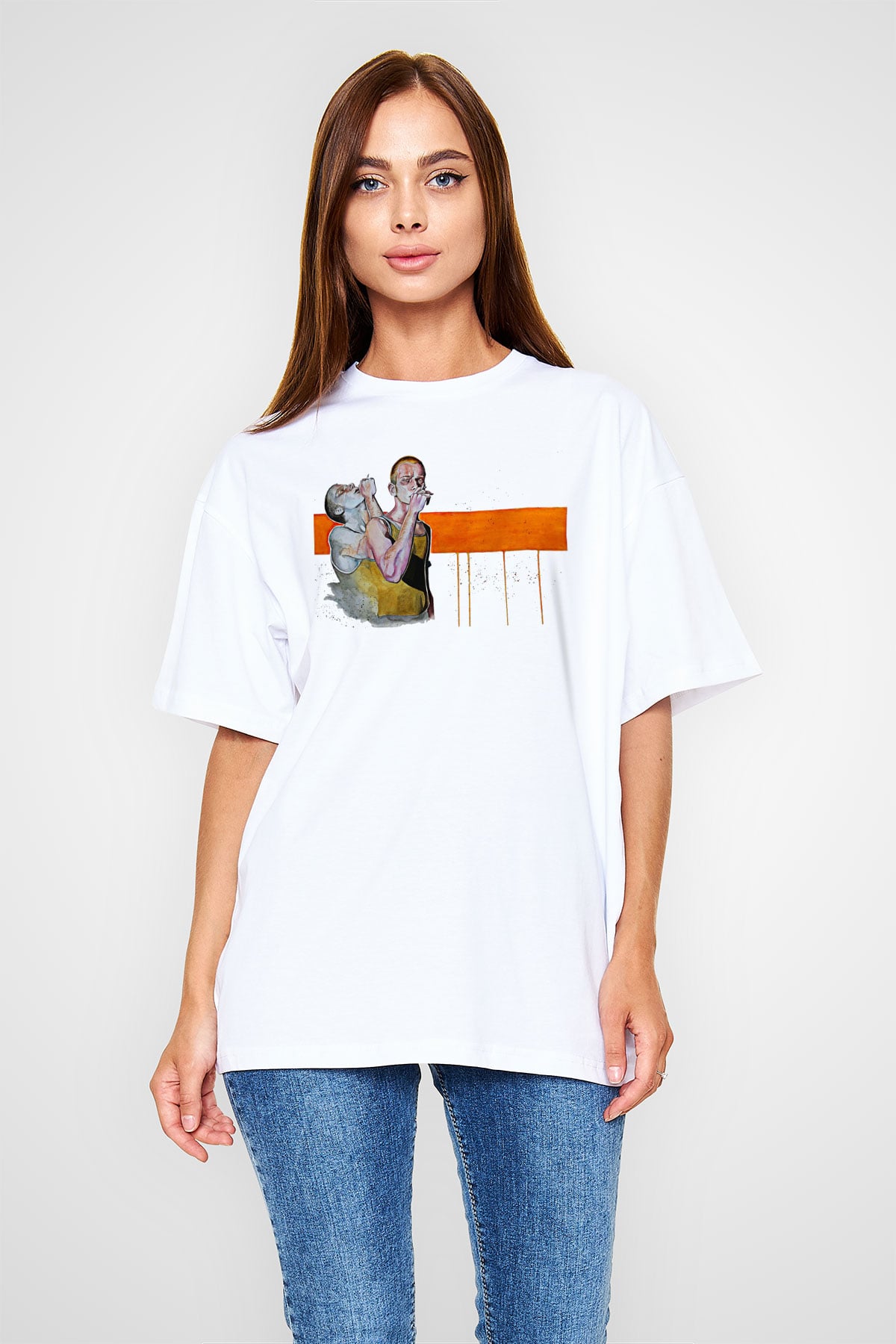 Trainspotting Baskılı Beyaz Unisex Oversize Tişört - Tshirt