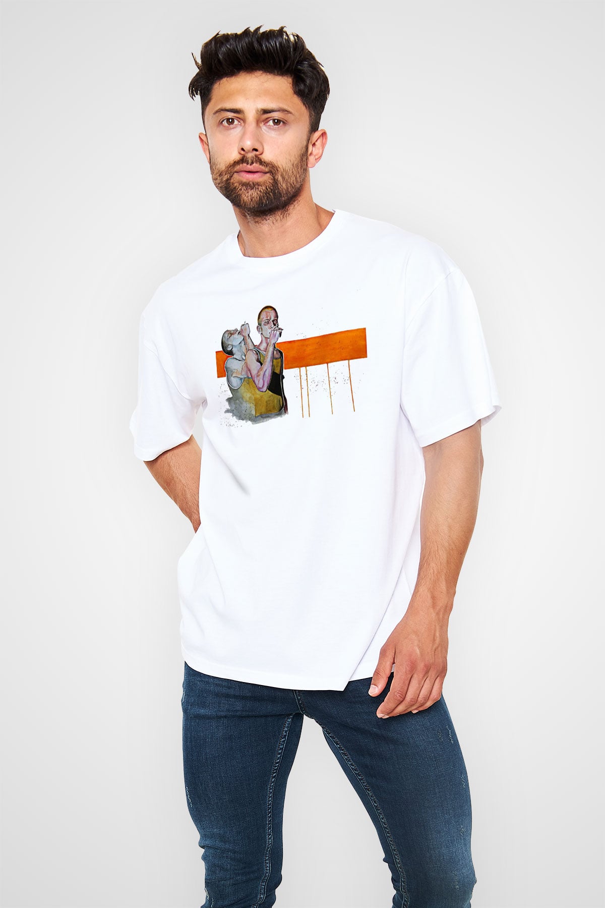 Trainspotting Baskılı Beyaz Unisex Oversize Tişört - Tshirt