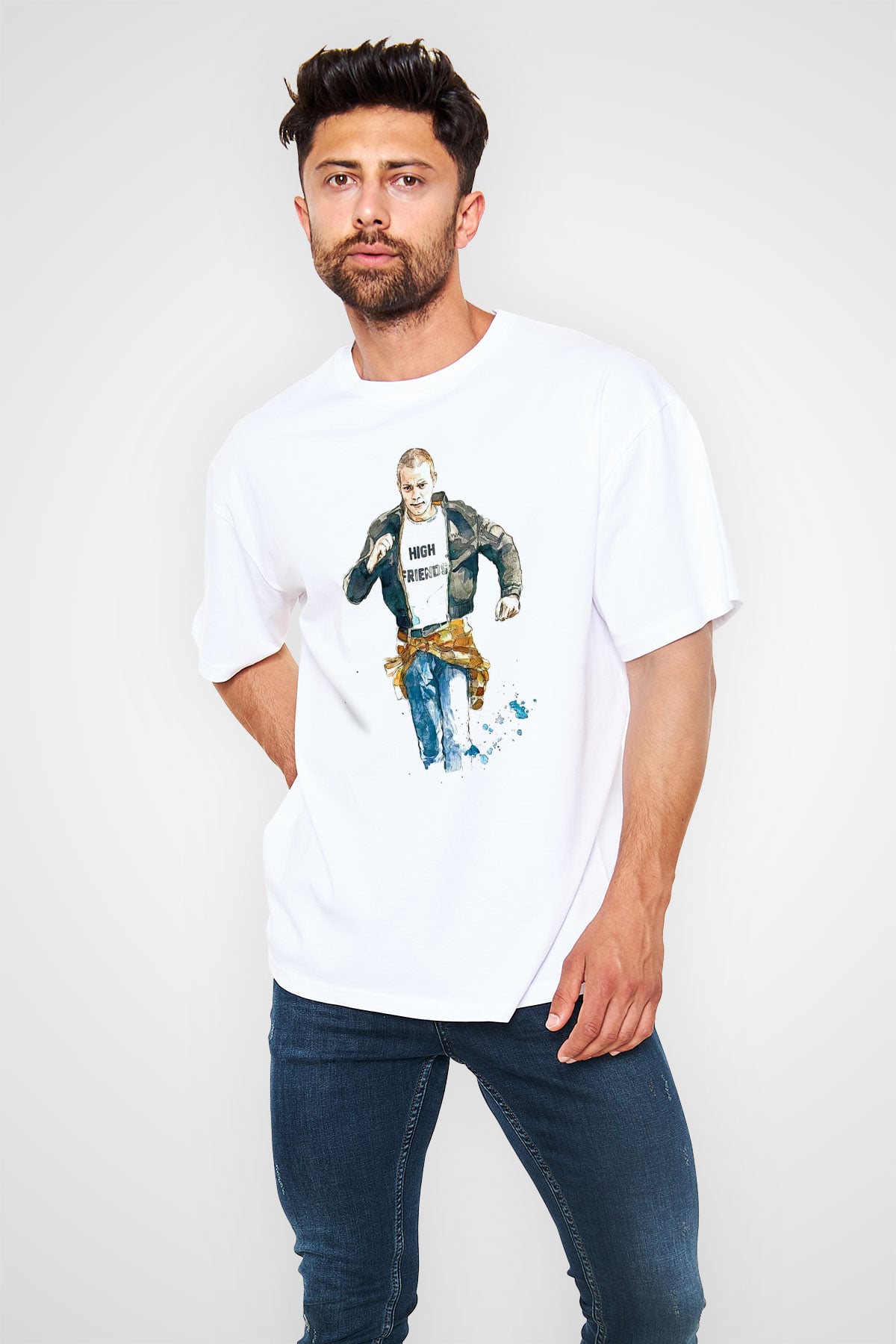 Trainspotting Baskılı Beyaz Unisex Oversize Tişört - Tshirt