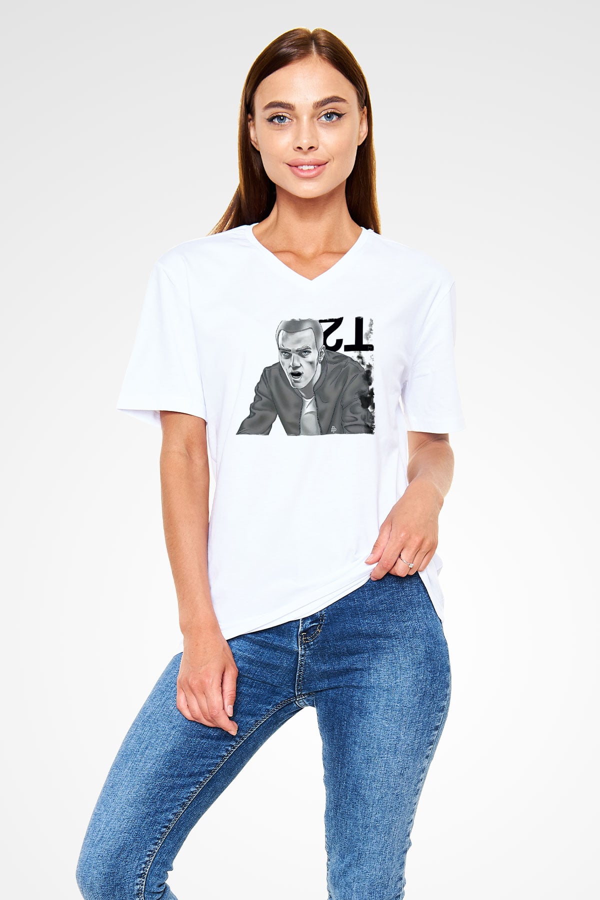 Trainspotting Baskılı Beyaz Unisex V Yaka Tişört - Tshirt