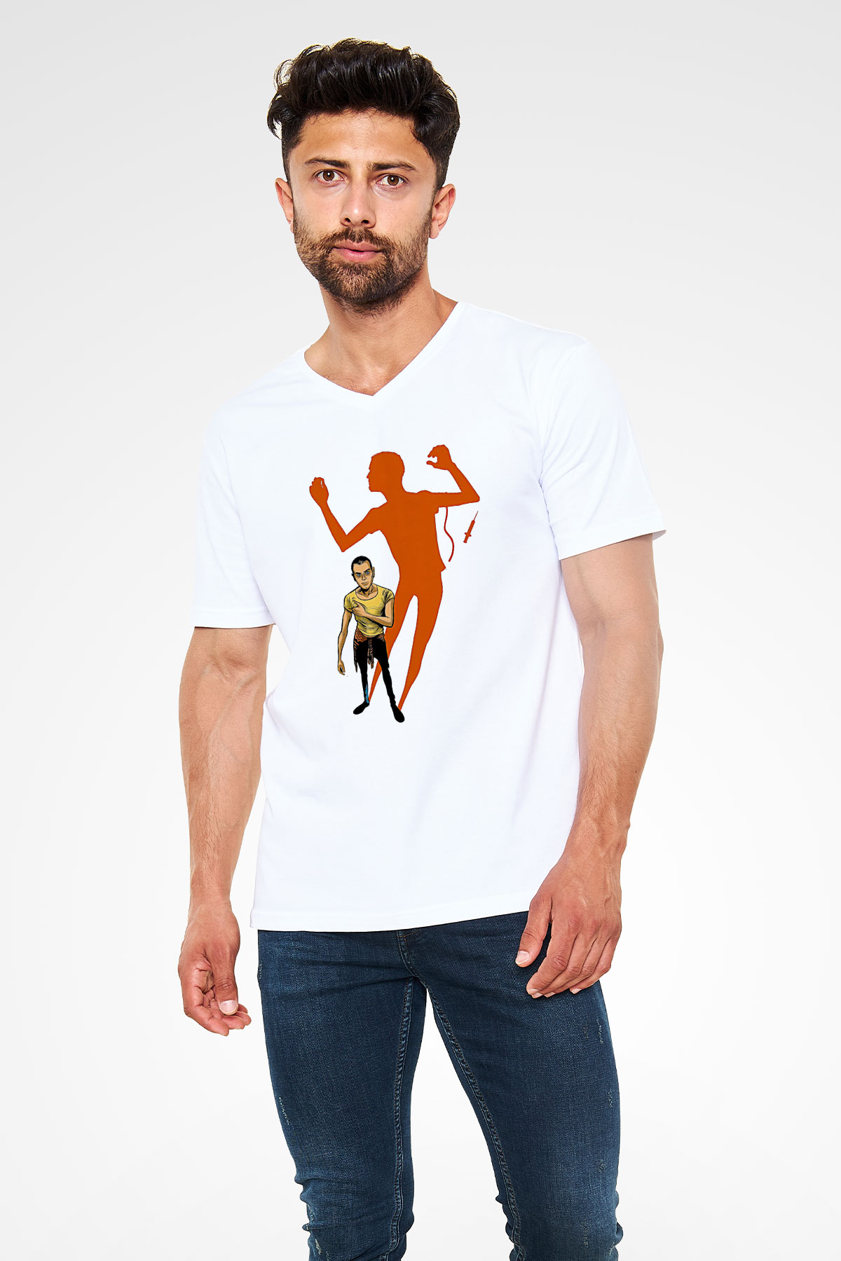 Trainspotting Baskılı Beyaz Unisex V Yaka Tişört - Tshirt