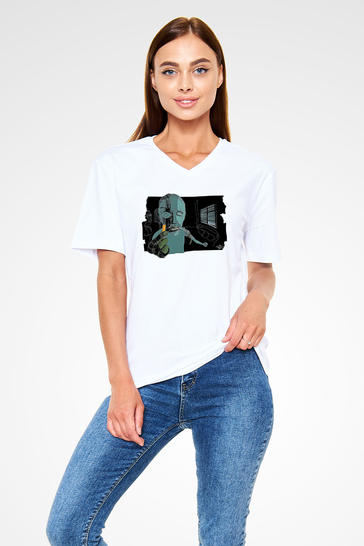 Trainspotting Baskılı Beyaz Unisex V Yaka Tişört - Tshirt