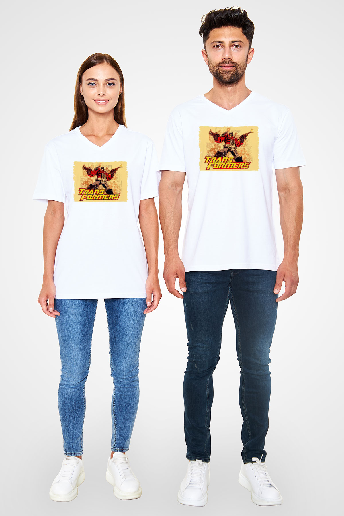 Transformers Beyaz Unisex  V Yaka Tişört