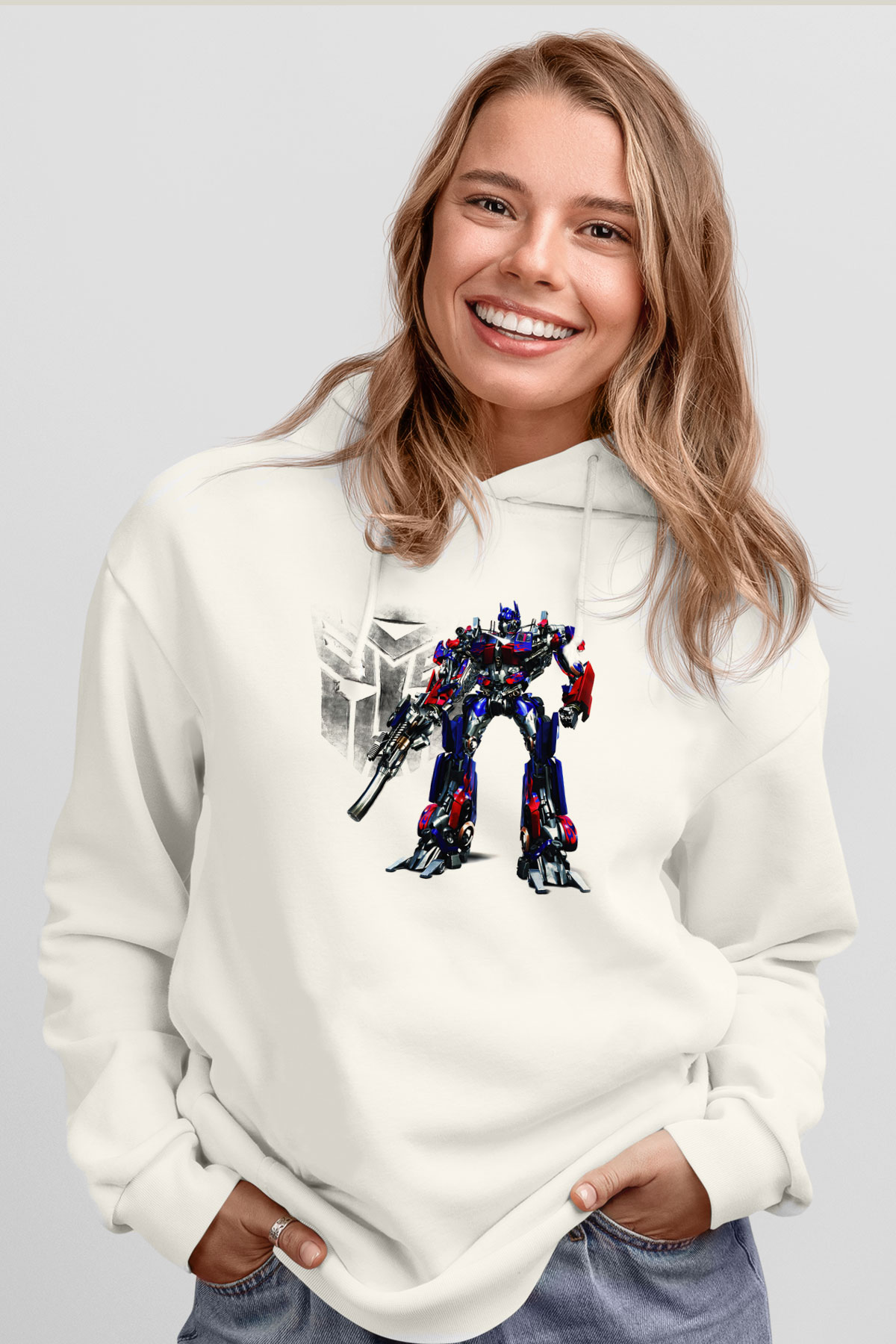 Transformers Tv Beyaz Unisex Kapşonlu Sweatshirt