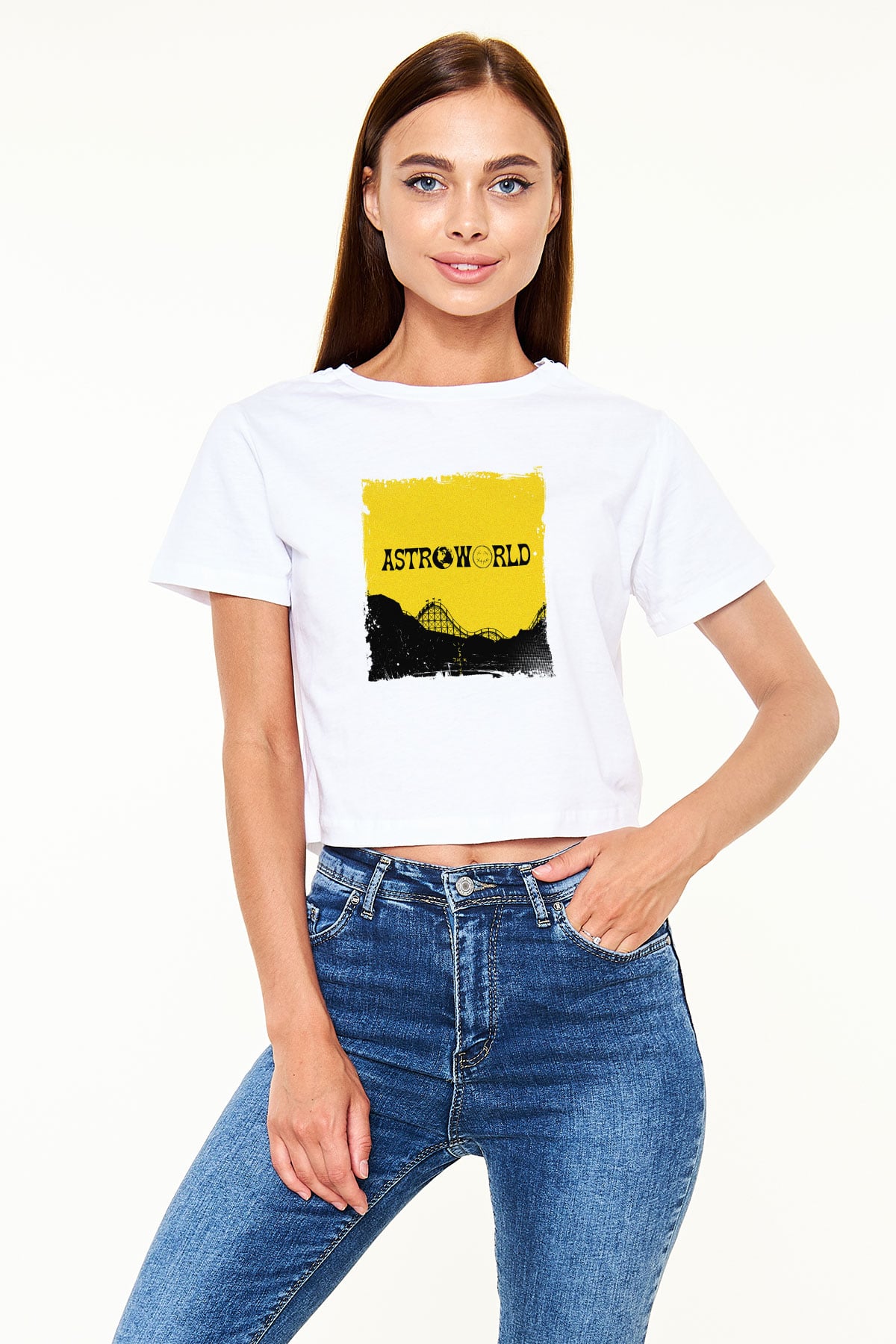 Travis Scott Baskılı Beyaz Kadın Crop Top Tişört