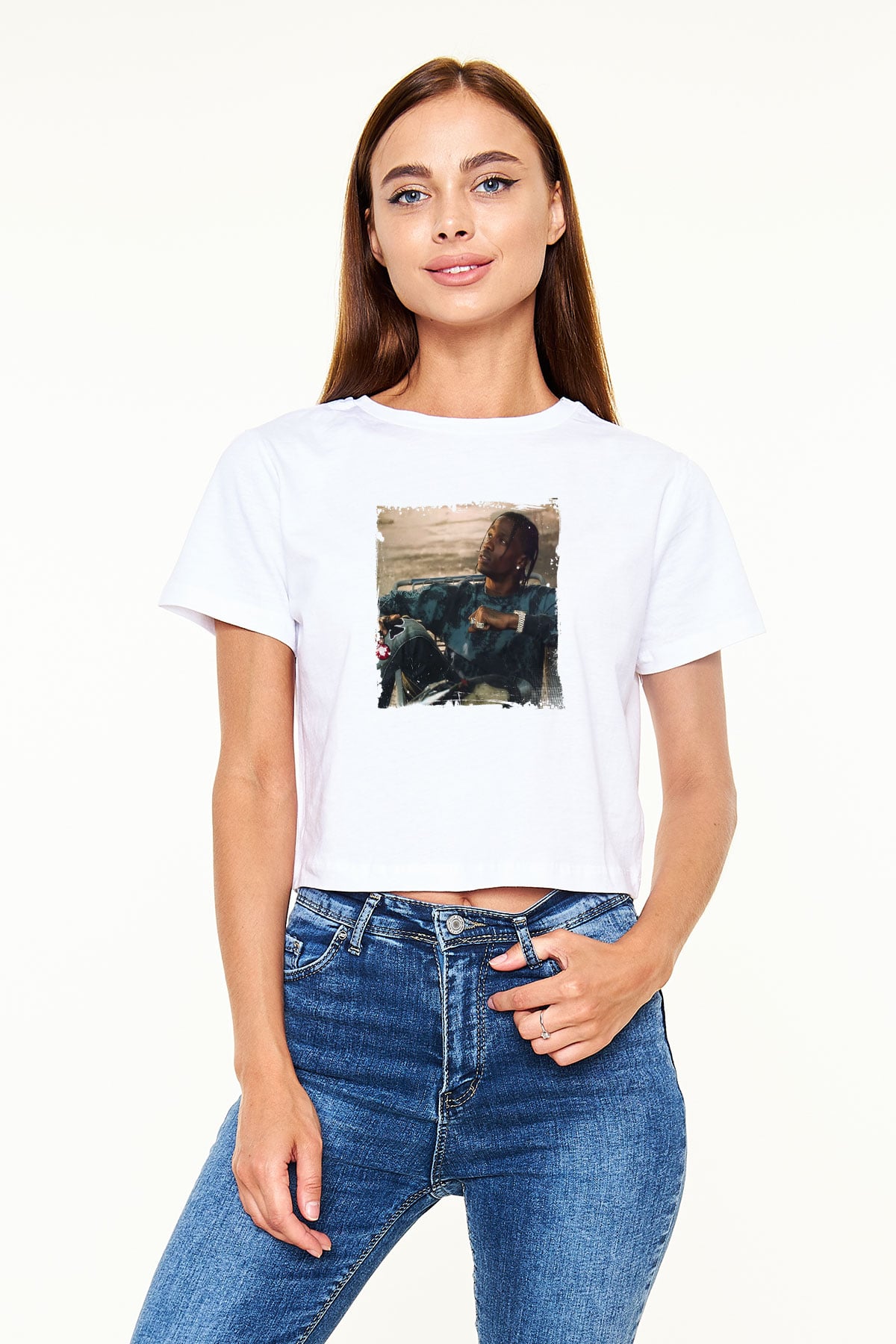 Travis Scott Baskılı Beyaz Kadın Crop Top Tişört