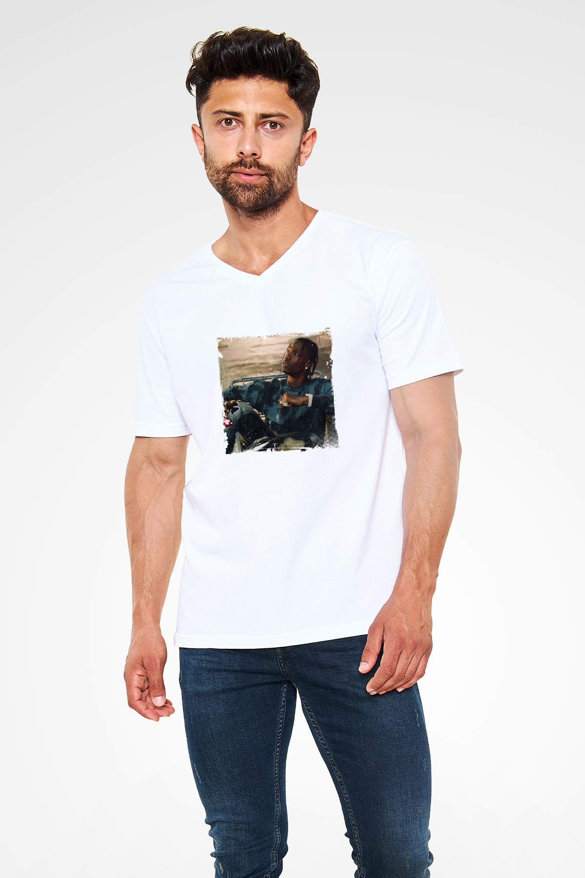 Travis Scott Baskılı Beyaz V Yaka Unisex Tişört