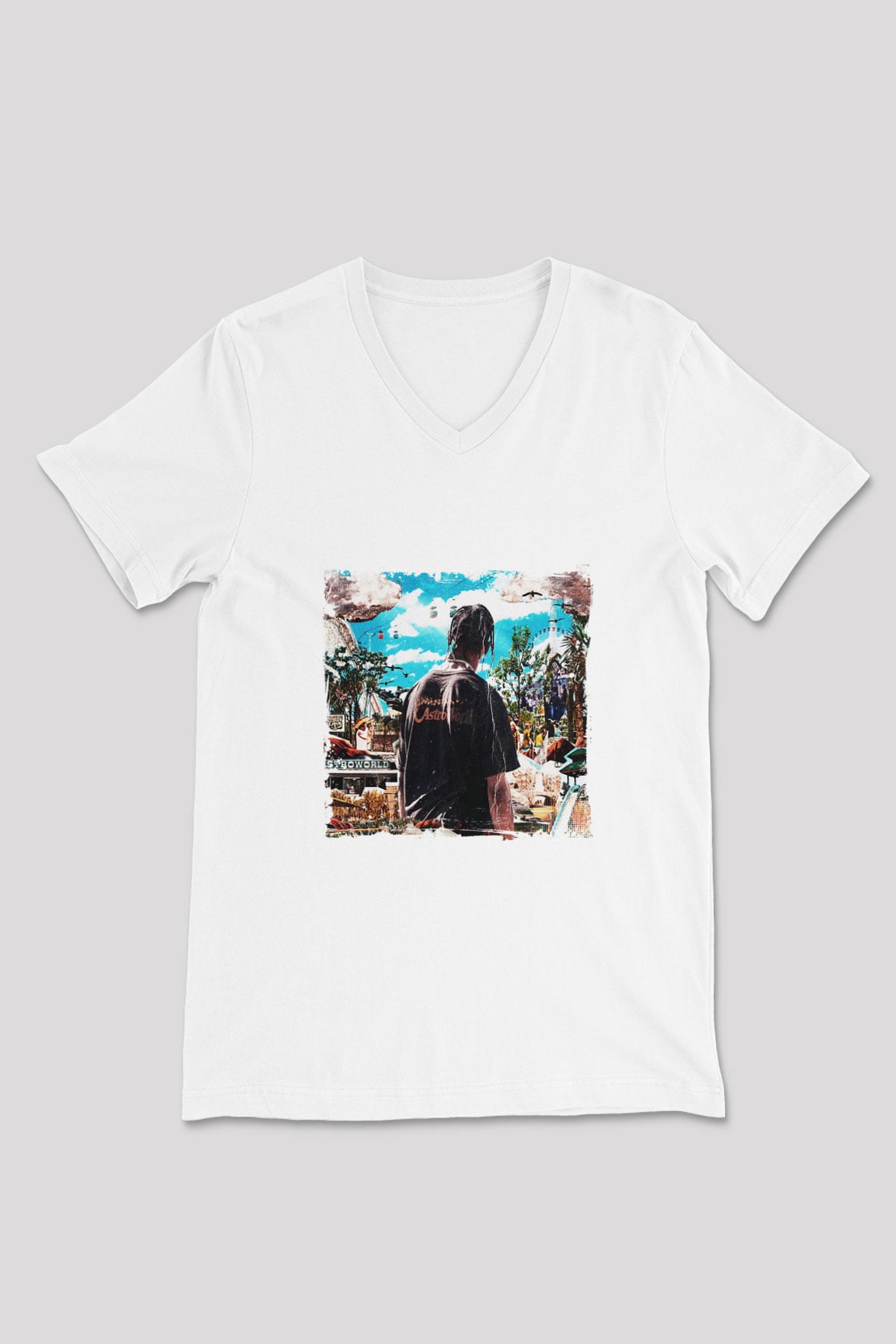 Travis Scott Baskılı Beyaz V Yaka Unisex Tişört