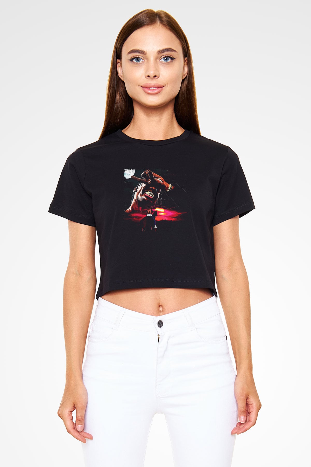 Travis Scott Baskılı Crop Top Siyah Kadın Tişört