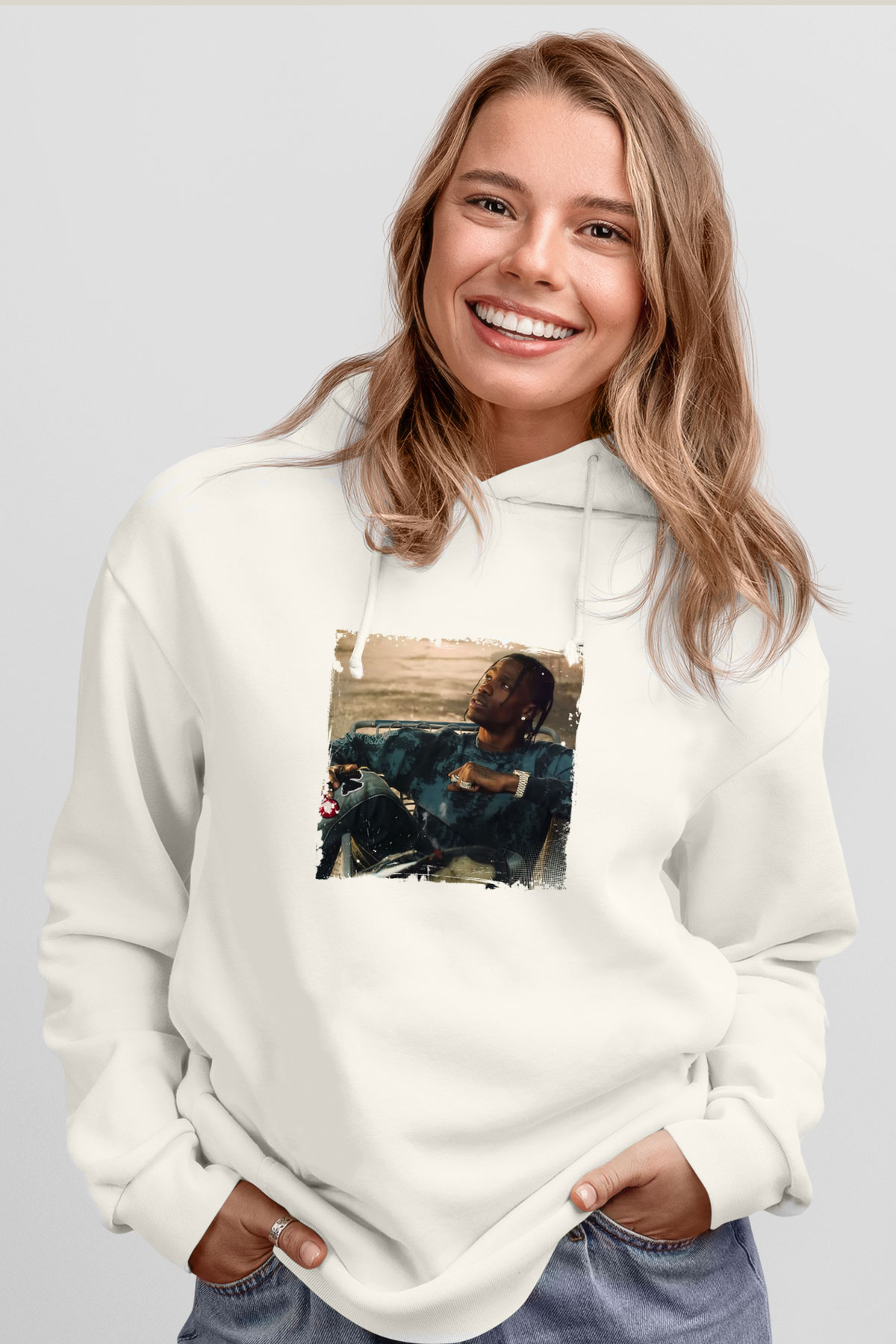 Travis Scott Baskılı Unisex Beyaz Kapüşonlu Sweatshirt