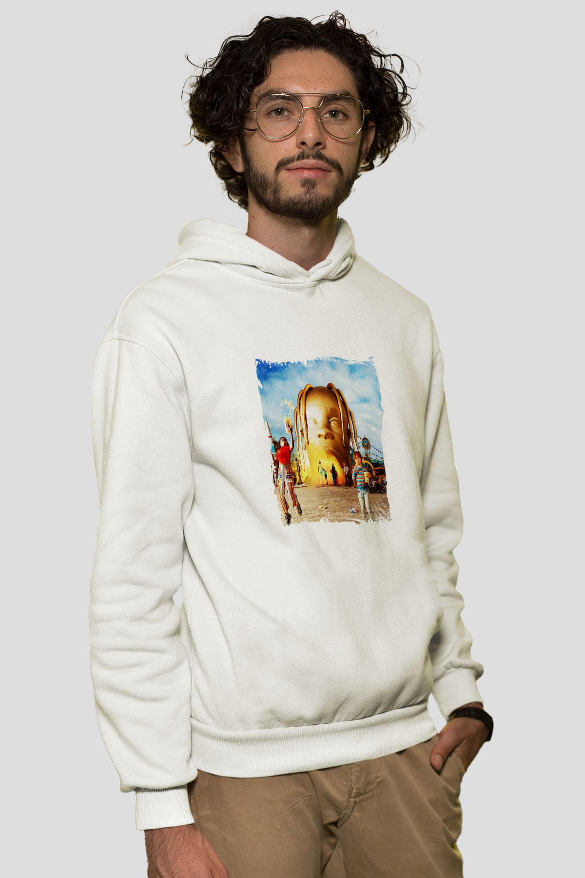 Travis Scott Baskılı Unisex Beyaz Kapüşonlu Sweatshirt