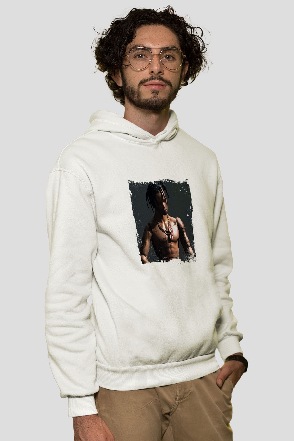 Travis Scott Baskılı Unisex Beyaz Kapüşonlu Sweatshirt