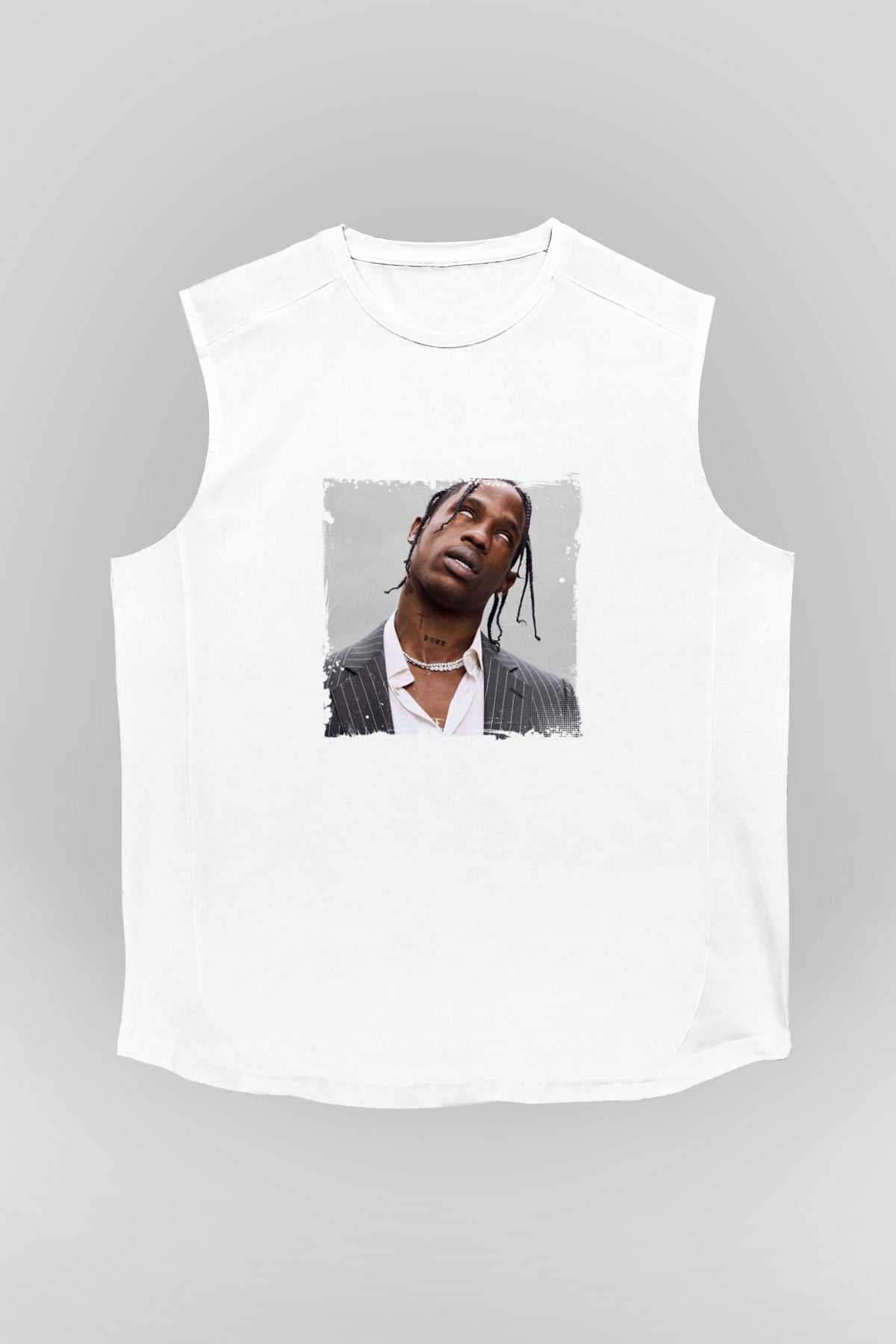Travis Scott Baskılı Unisex Beyaz Kolsuz Tişört