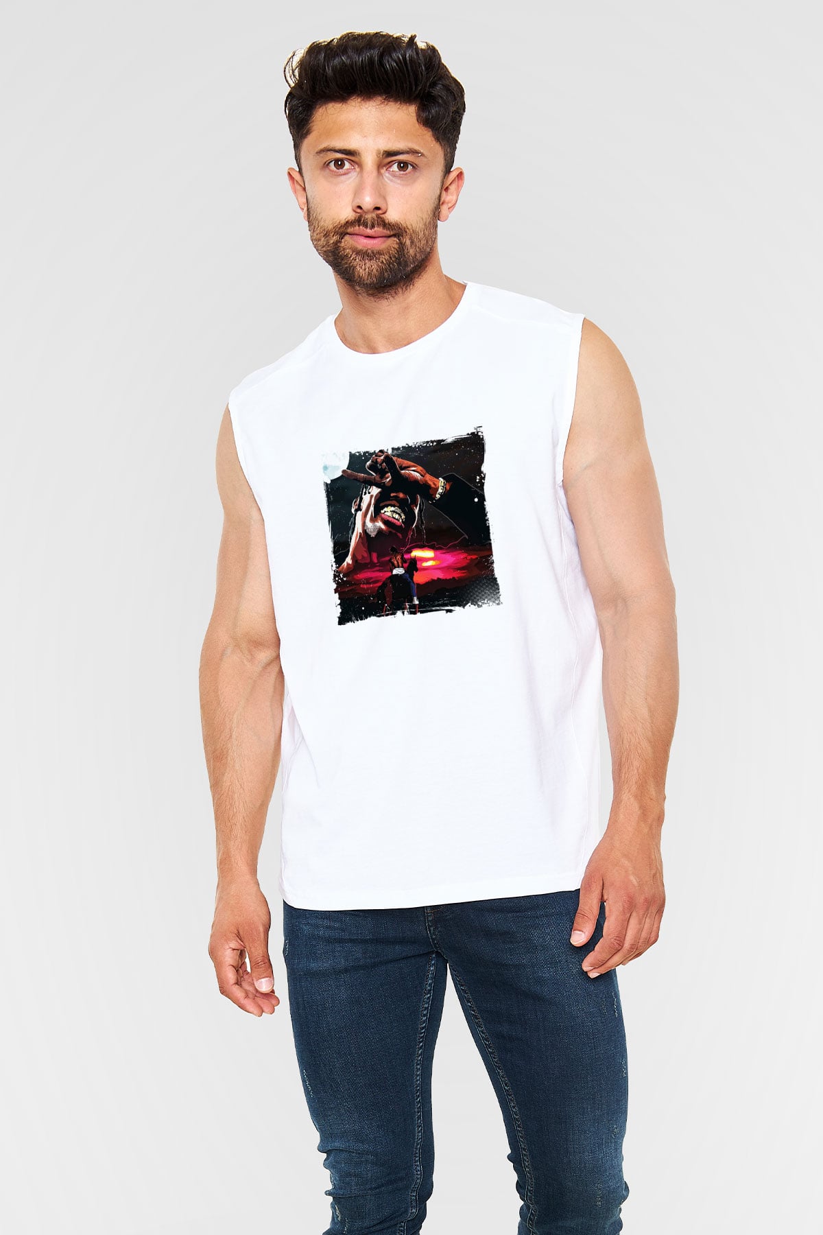 Travis Scott Baskılı Unisex Beyaz Kolsuz Tişört