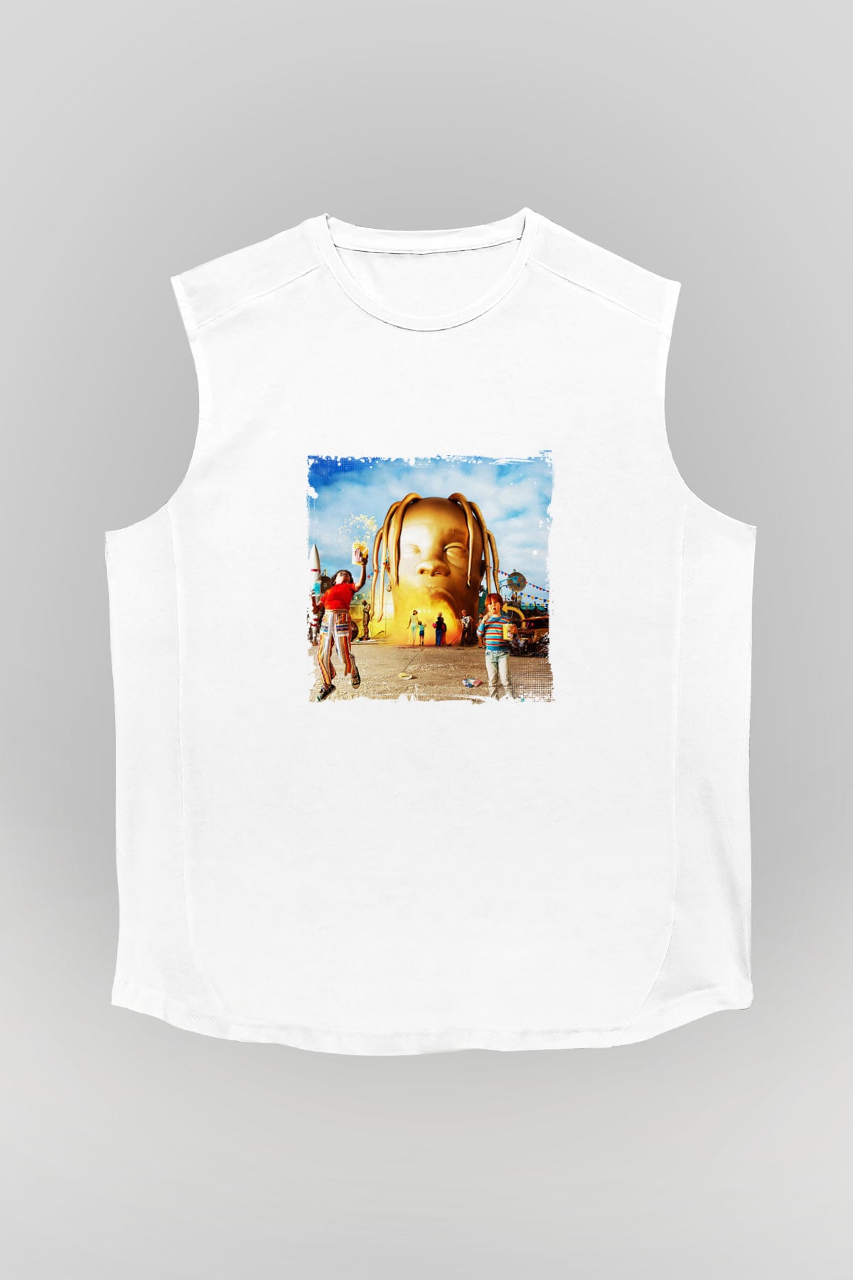 Travis Scott Baskılı Unisex Beyaz Kolsuz Tişört