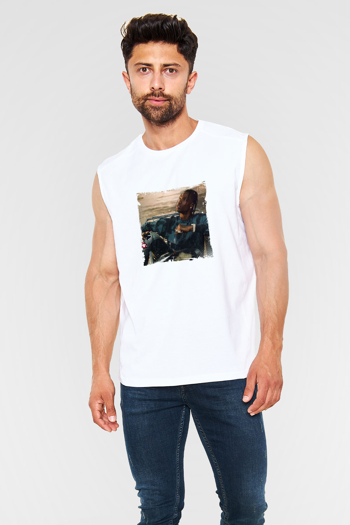 Travis Scott Baskılı Unisex Beyaz Kolsuz Tişört