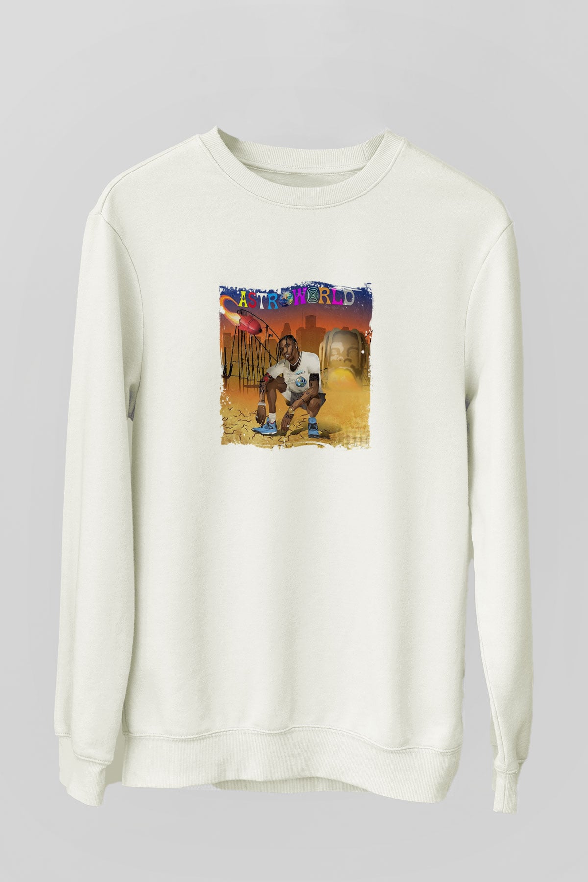 Travis Scott Baskılı Unisex Beyaz Sweatshirt