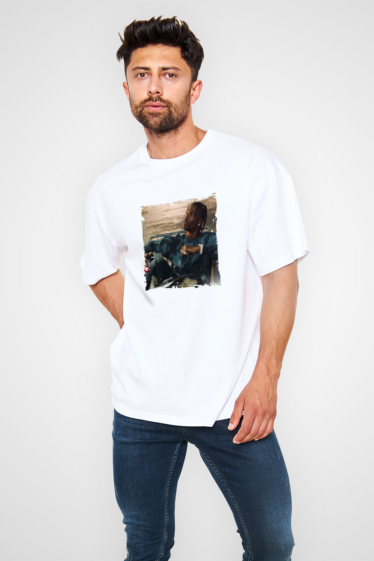 Travis Scott Baskılı Unisex Beyaz Tişört
