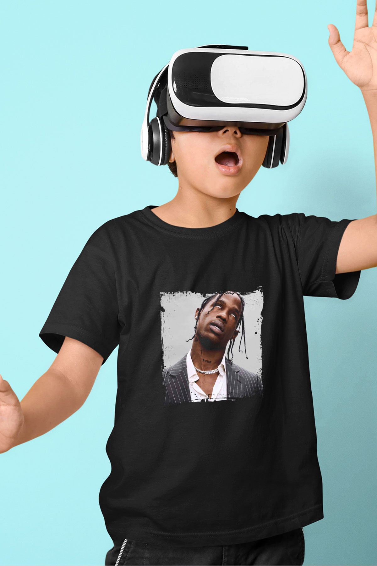 Travis Scott Baskılı Unisex Siyah Çocuk Tişört