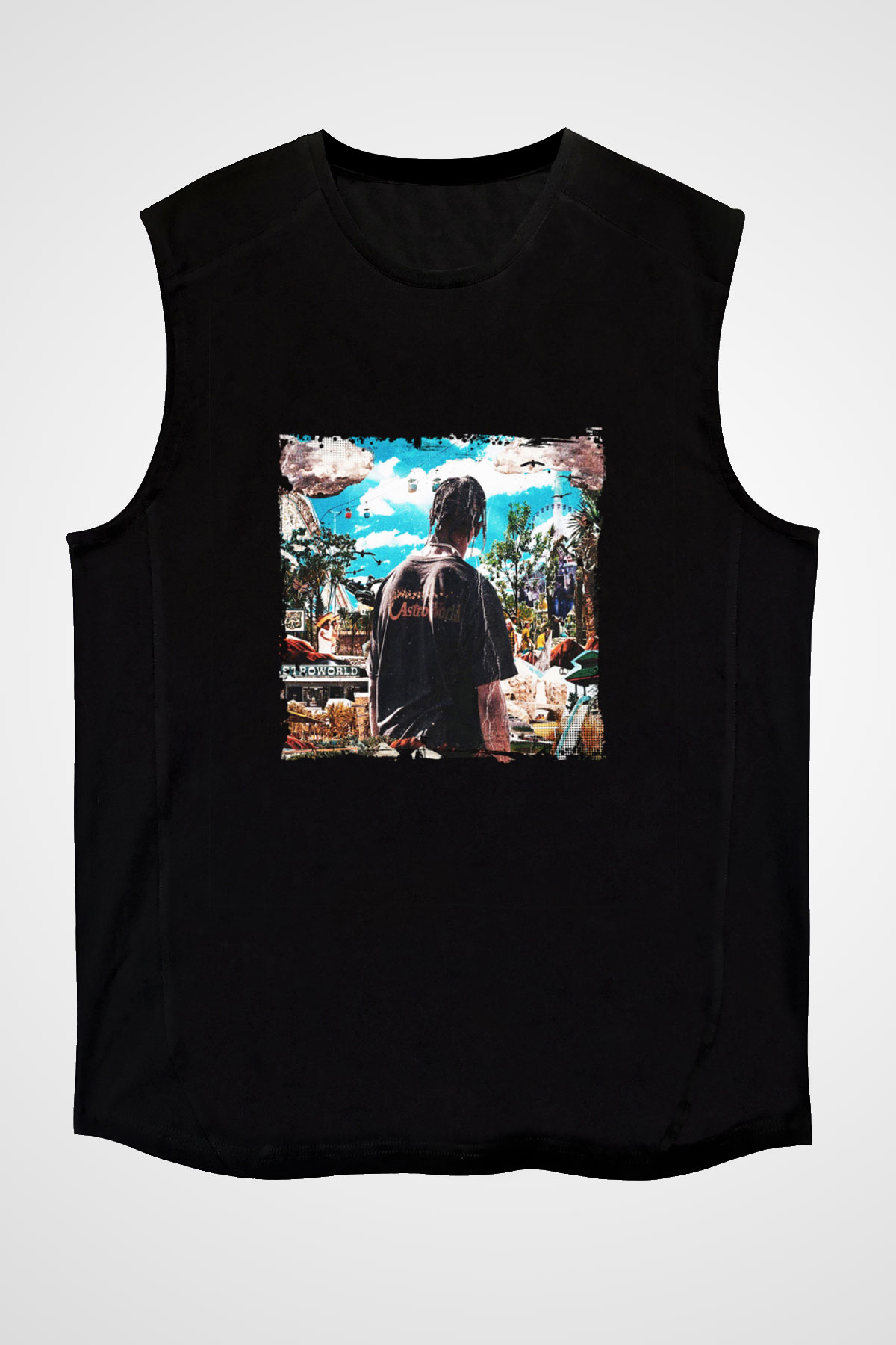 Travis Scott Baskılı Unisex Siyah Kolsuz Tişört