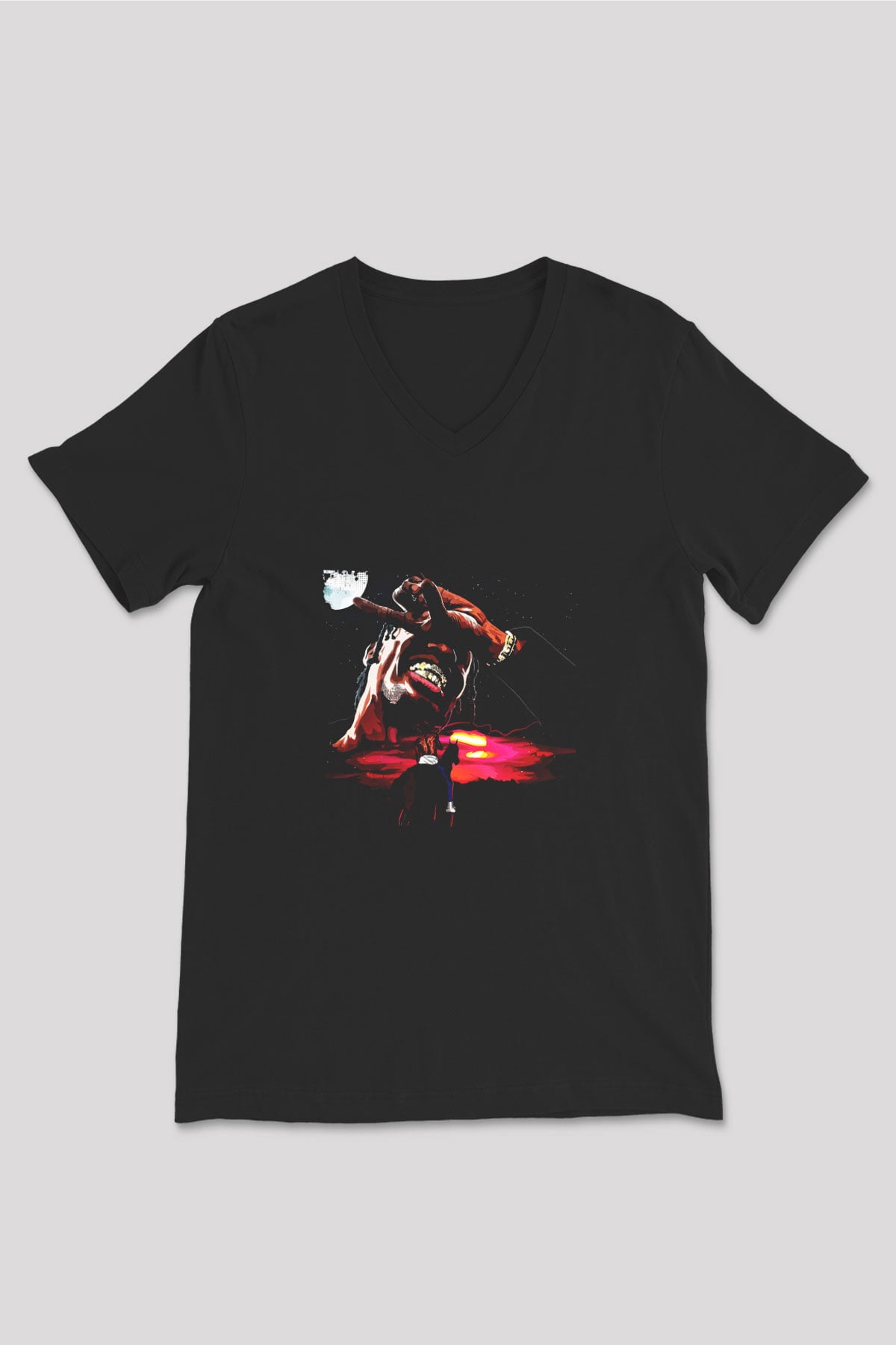 Travis Scott Baskılı Unisex Siyah V Yaka Tişört