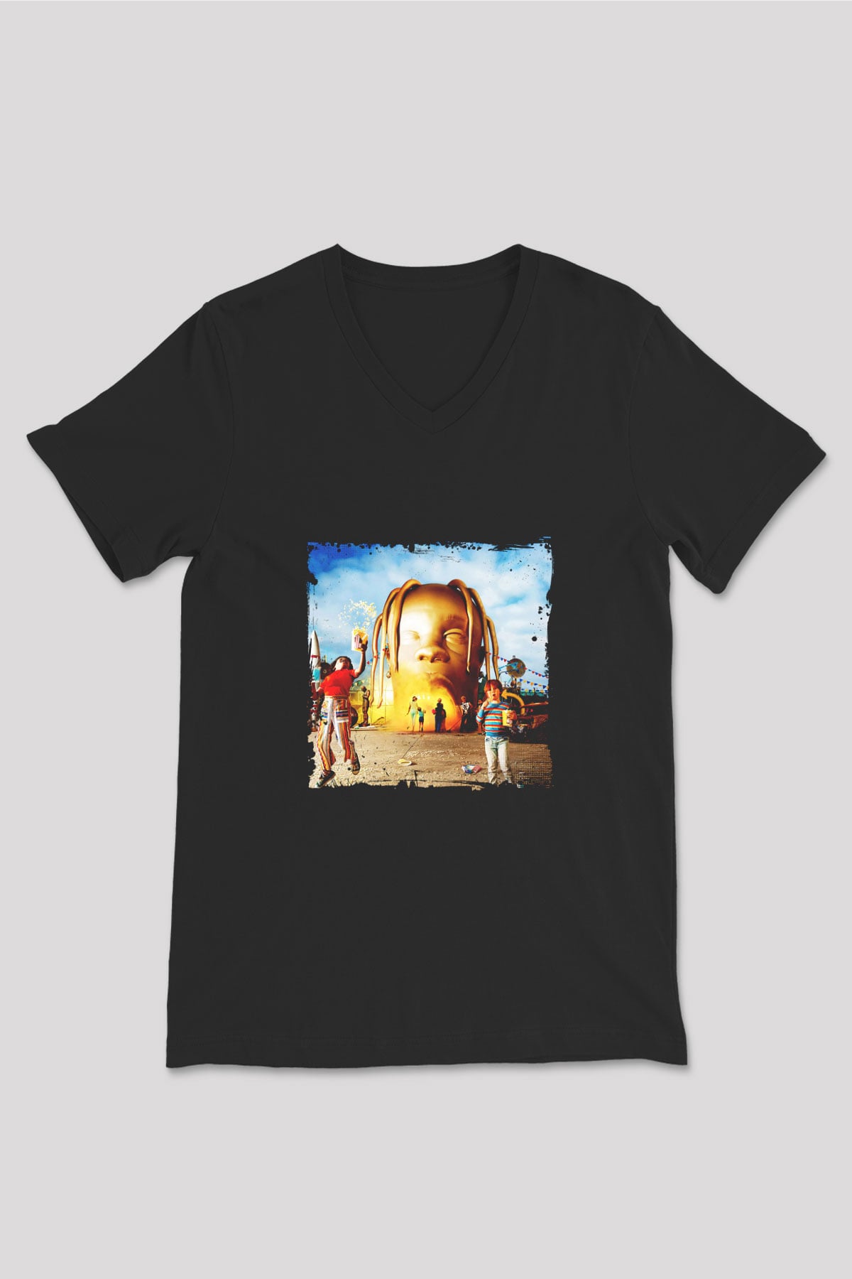 Travis Scott Baskılı Unisex Siyah V Yaka Tişört
