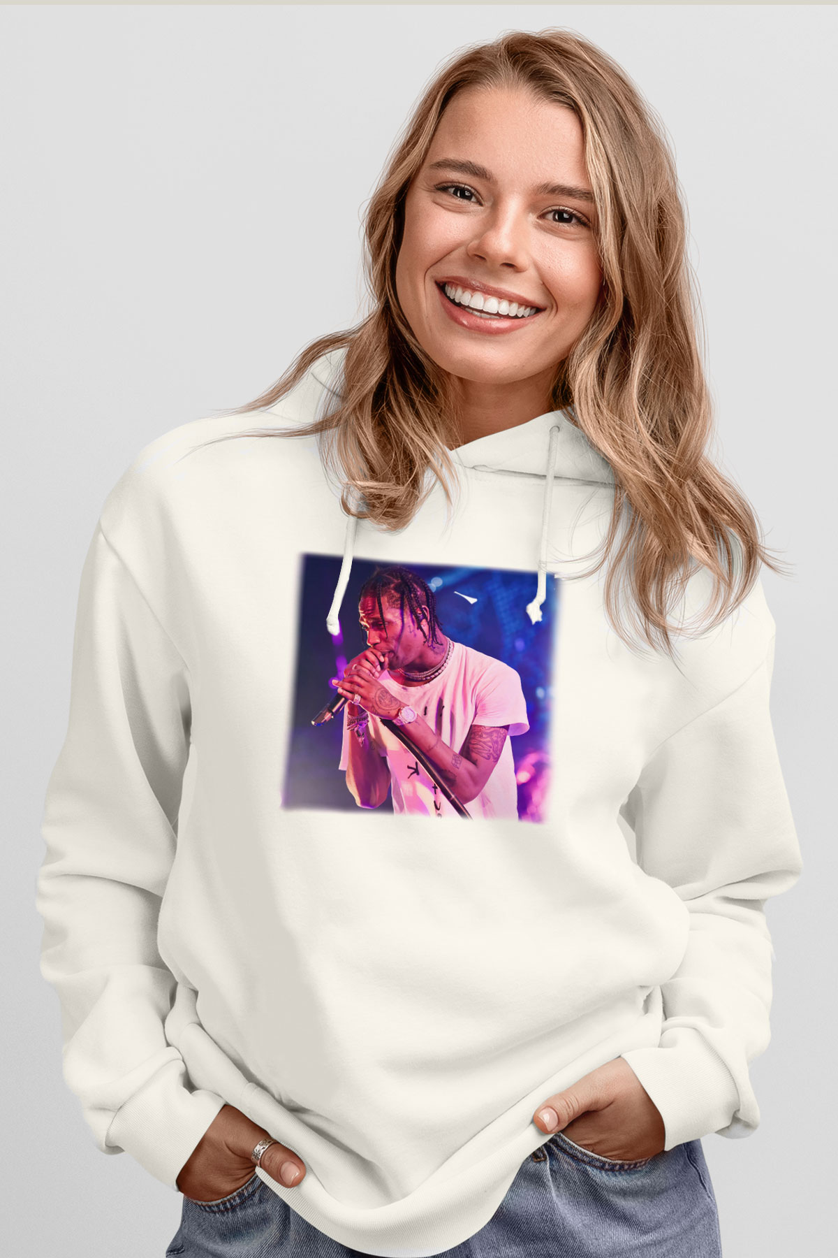 Travis Scott Beyaz Unisex Kapşonlu Sweatshirt