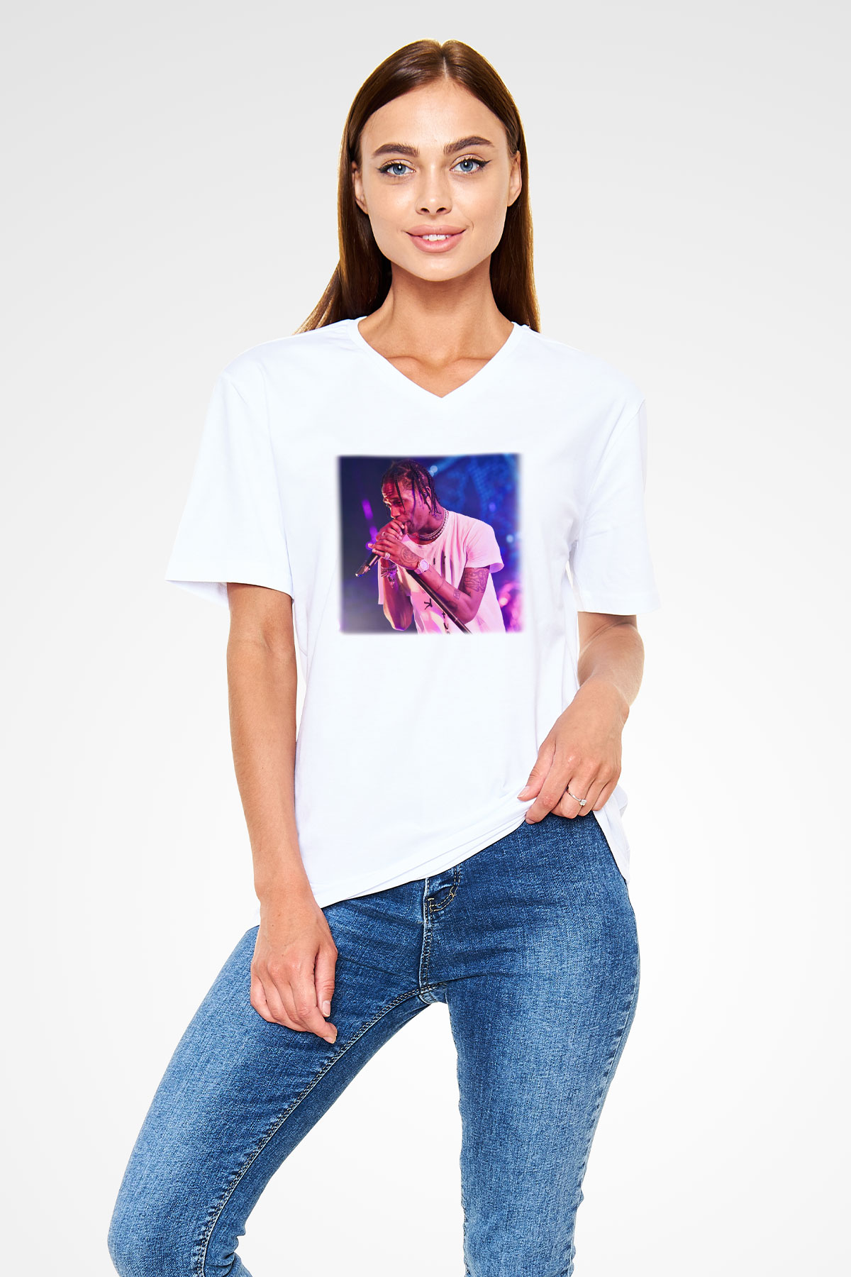 Travis Scott Beyaz Unisex V Yaka Tişört T-Shirt
