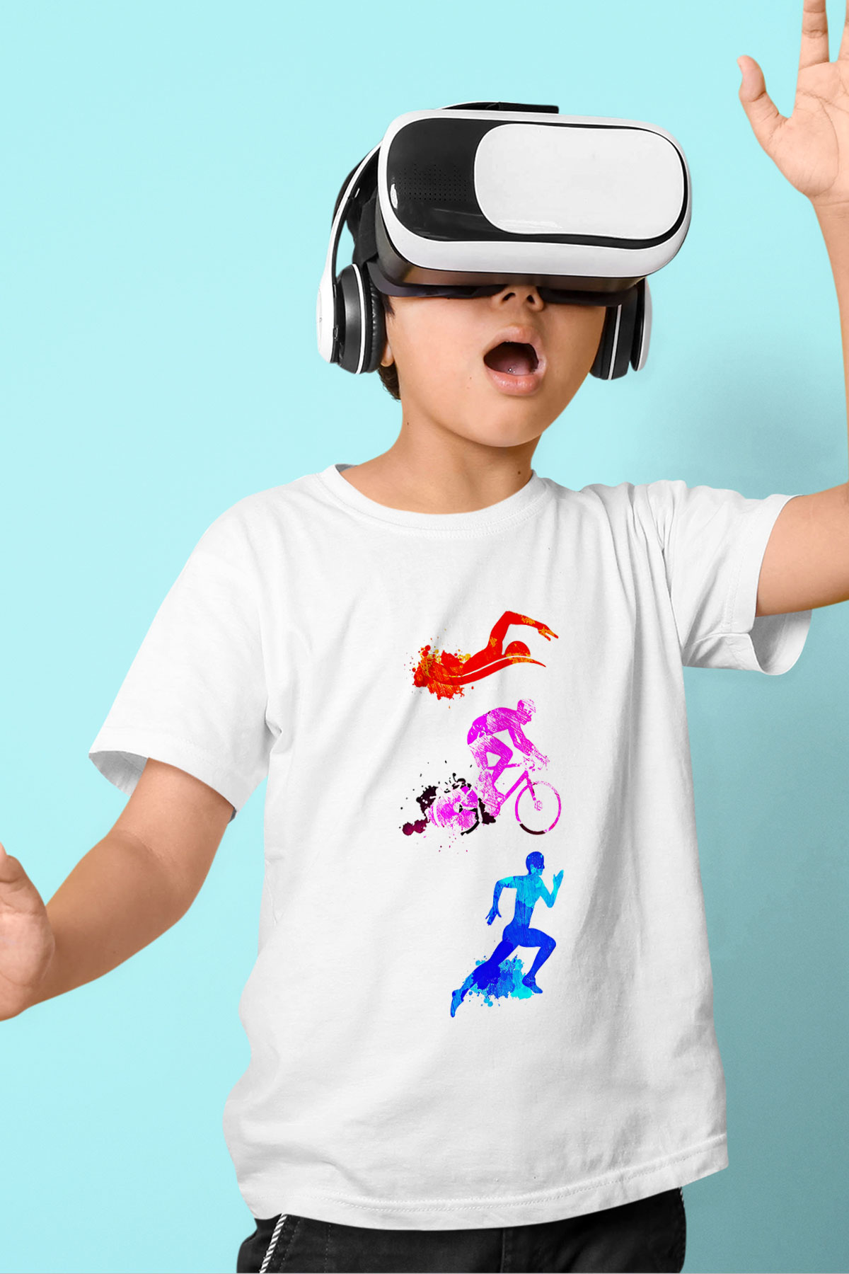 Triathlon Baskılı Unisex Beyaz Çocuk Tişört - Tshirt