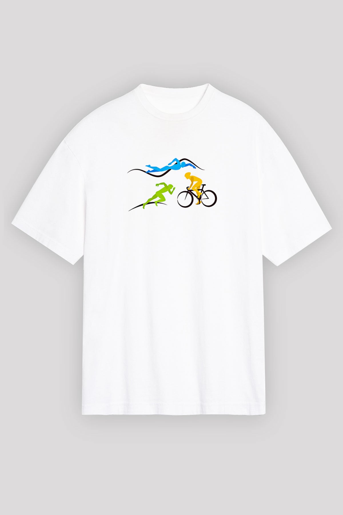 Triathlon Baskılı Unisex Beyaz Oversize Tişört - Tshirt