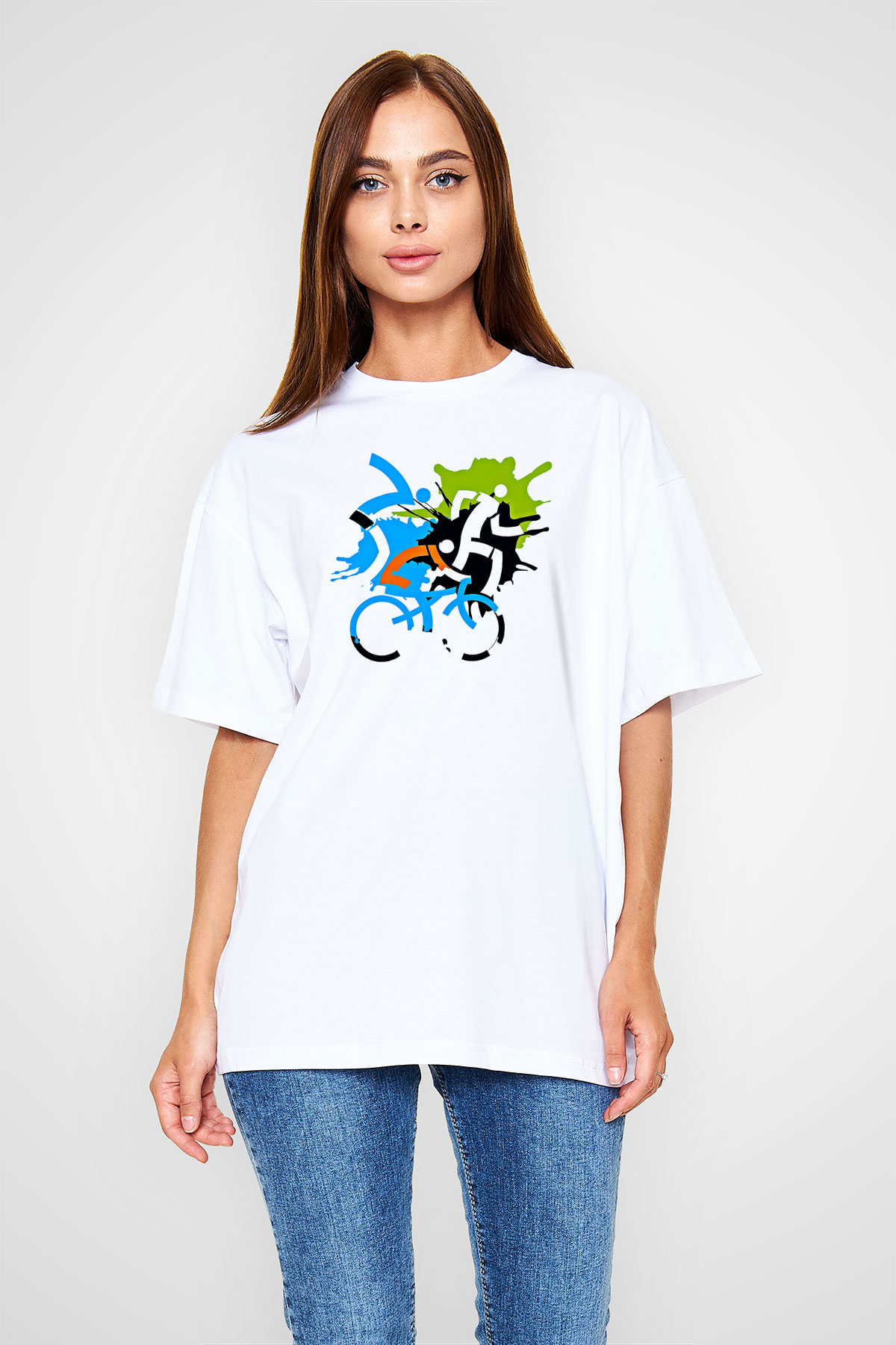 Triathlon Baskılı Unisex Beyaz Oversize Tişört - Tshirt