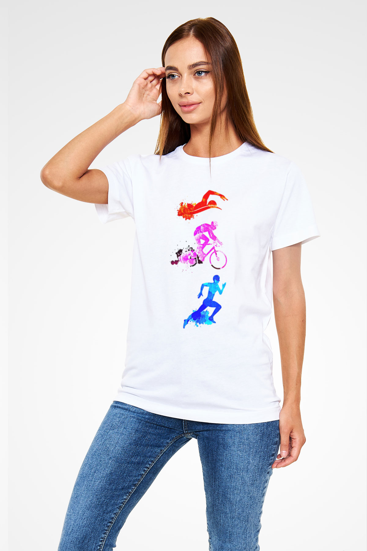 Triathlon Baskılı Unisex Beyaz Tişört - Tshirt