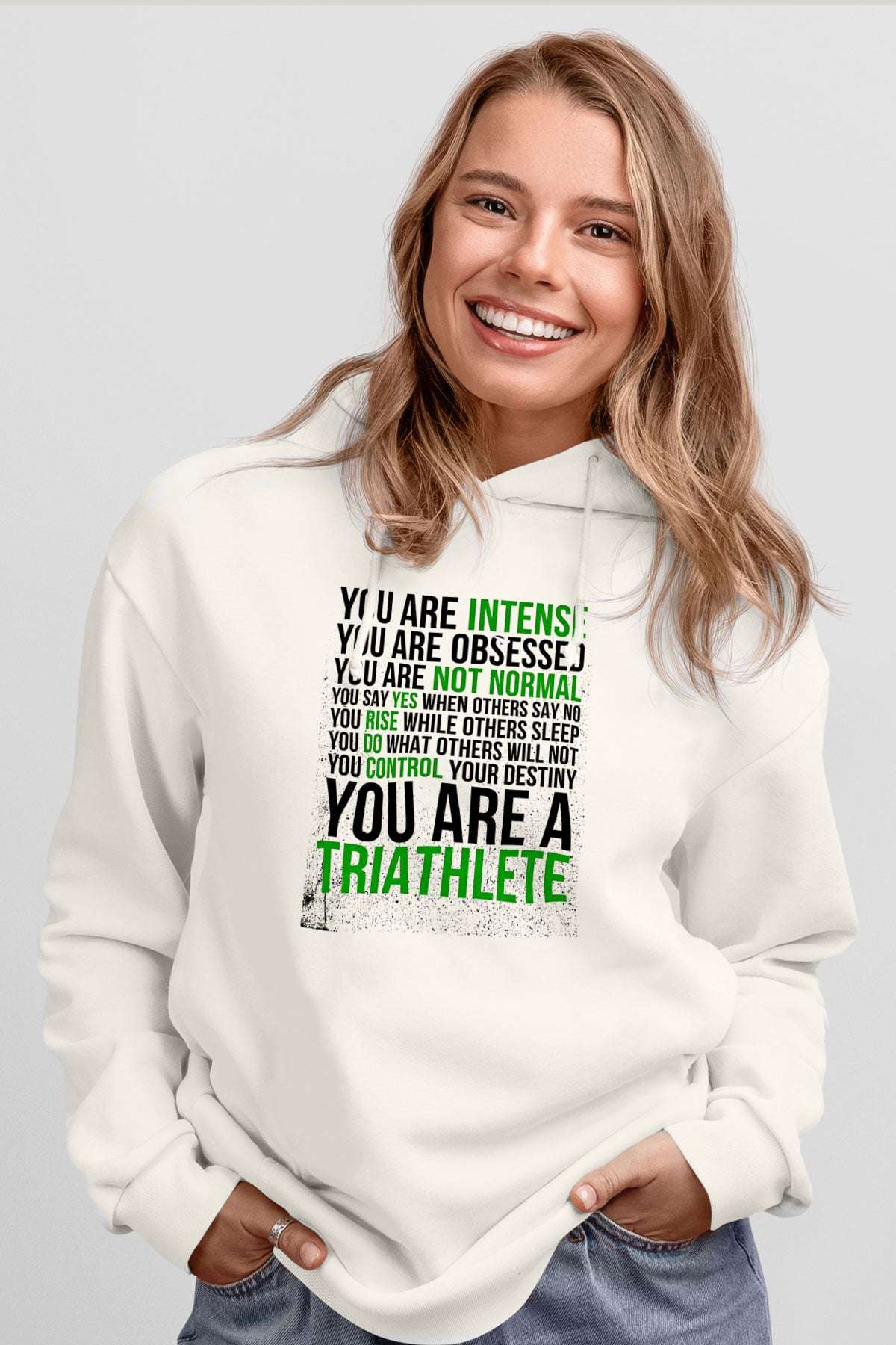 Triathlon Baskılı Unisex Ekru Hoodie