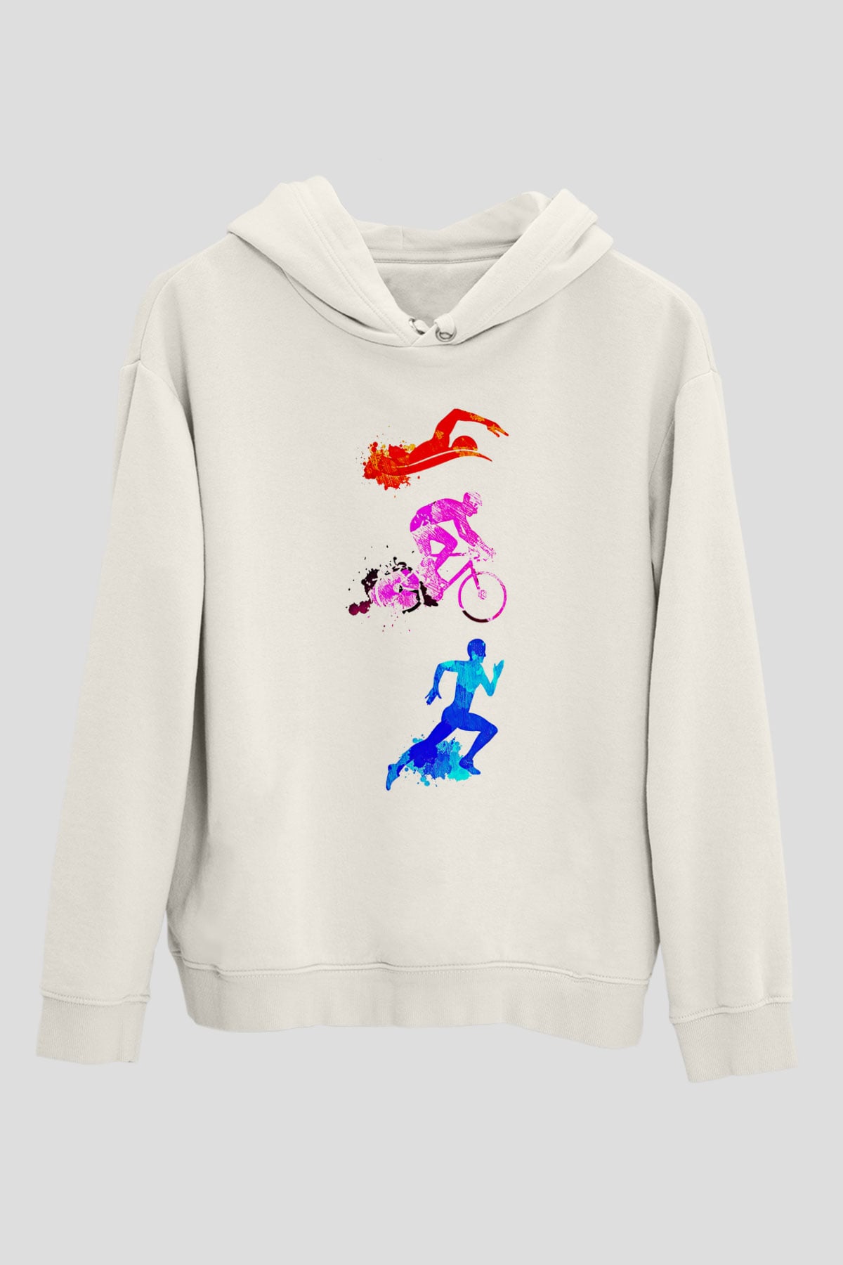 Triathlon Baskılı Unisex Ekru Hoodie