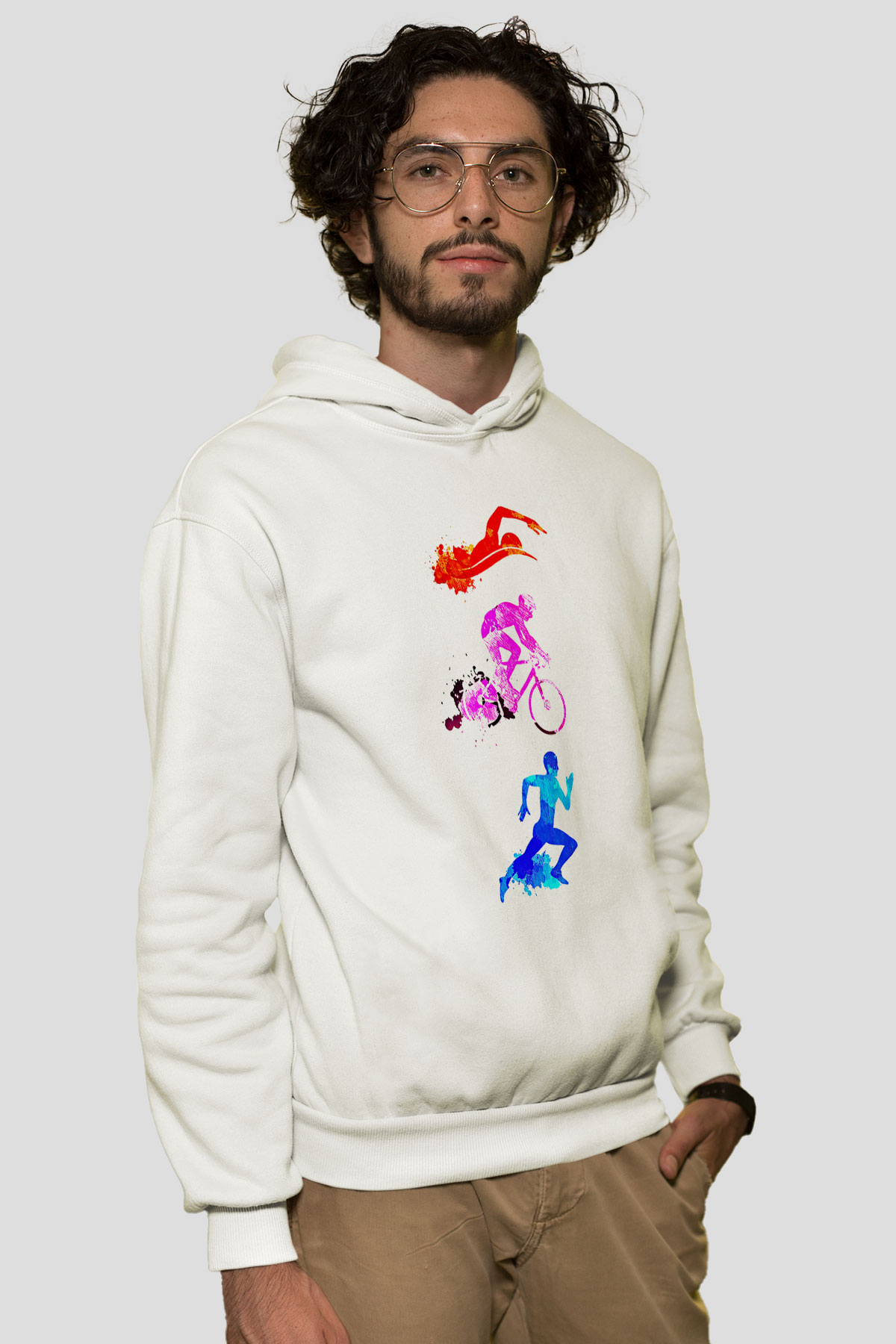 Triathlon Baskılı Unisex Ekru Hoodie