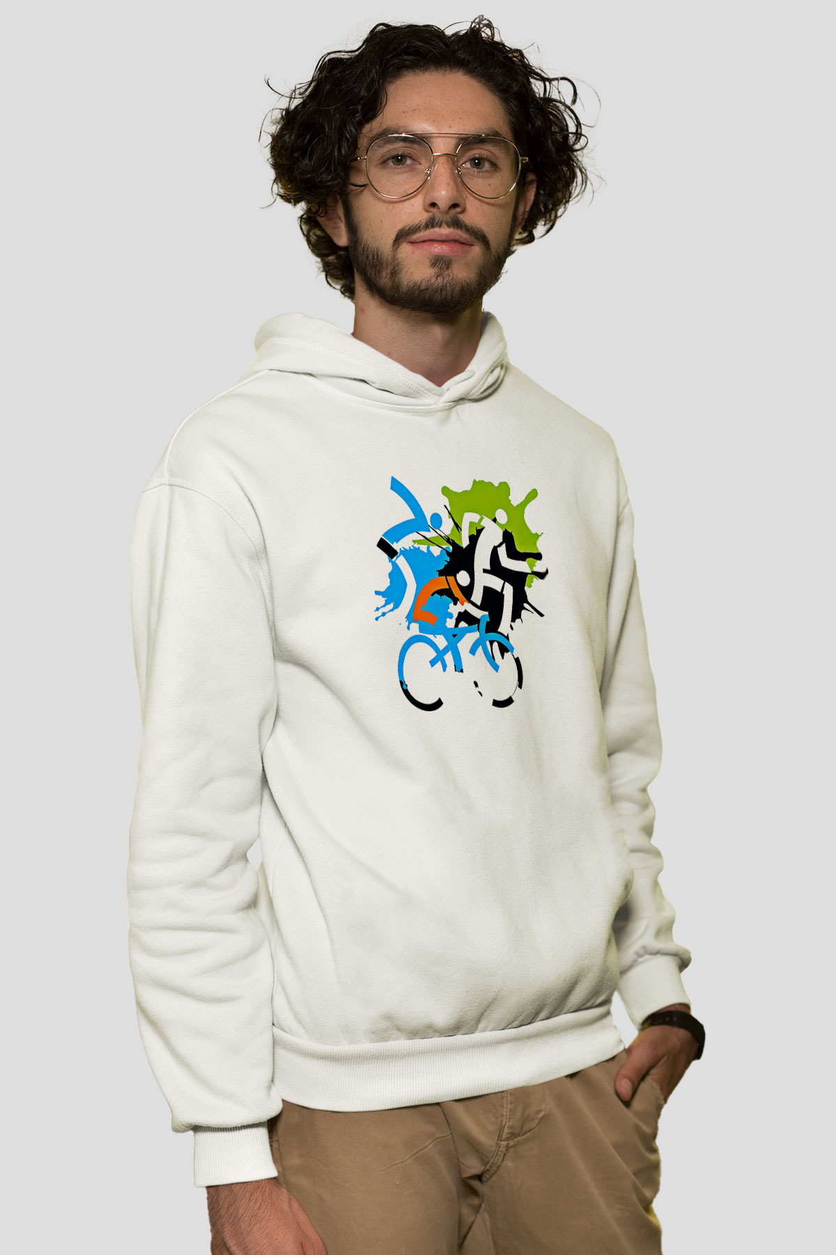 Triathlon Baskılı Unisex Ekru Hoodie