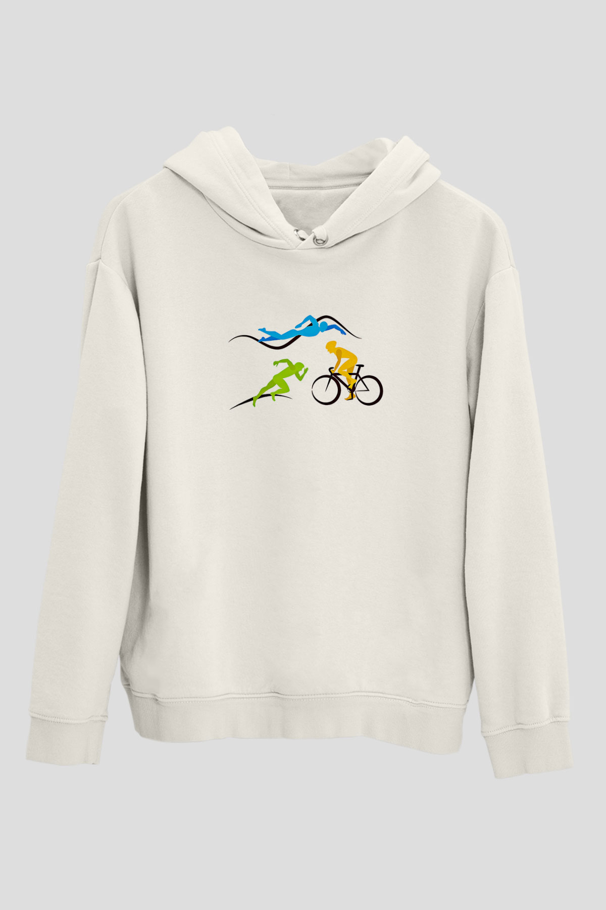 Triathlon Baskılı Unisex Ekru Hoodie