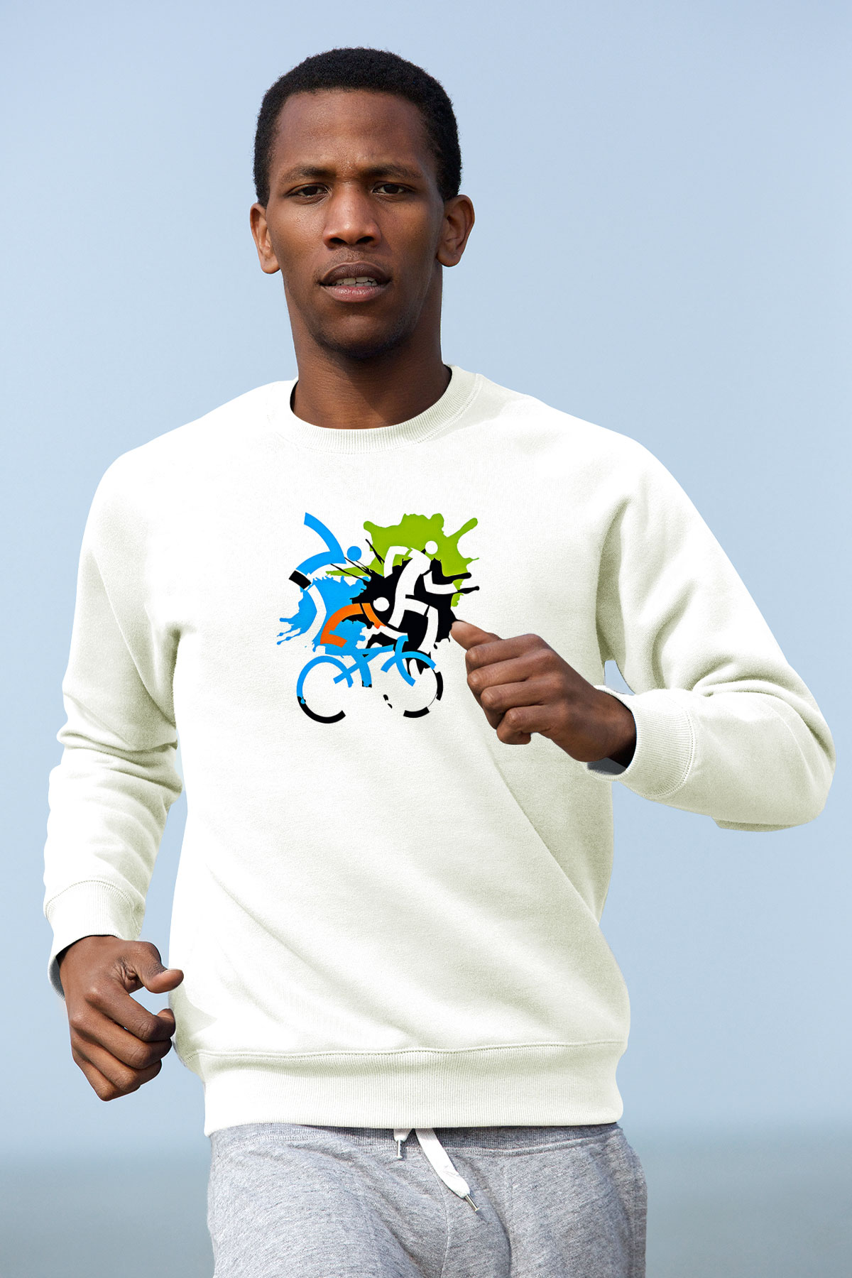 Triathlon Baskılı Unisex Ekru Sweatshirt
