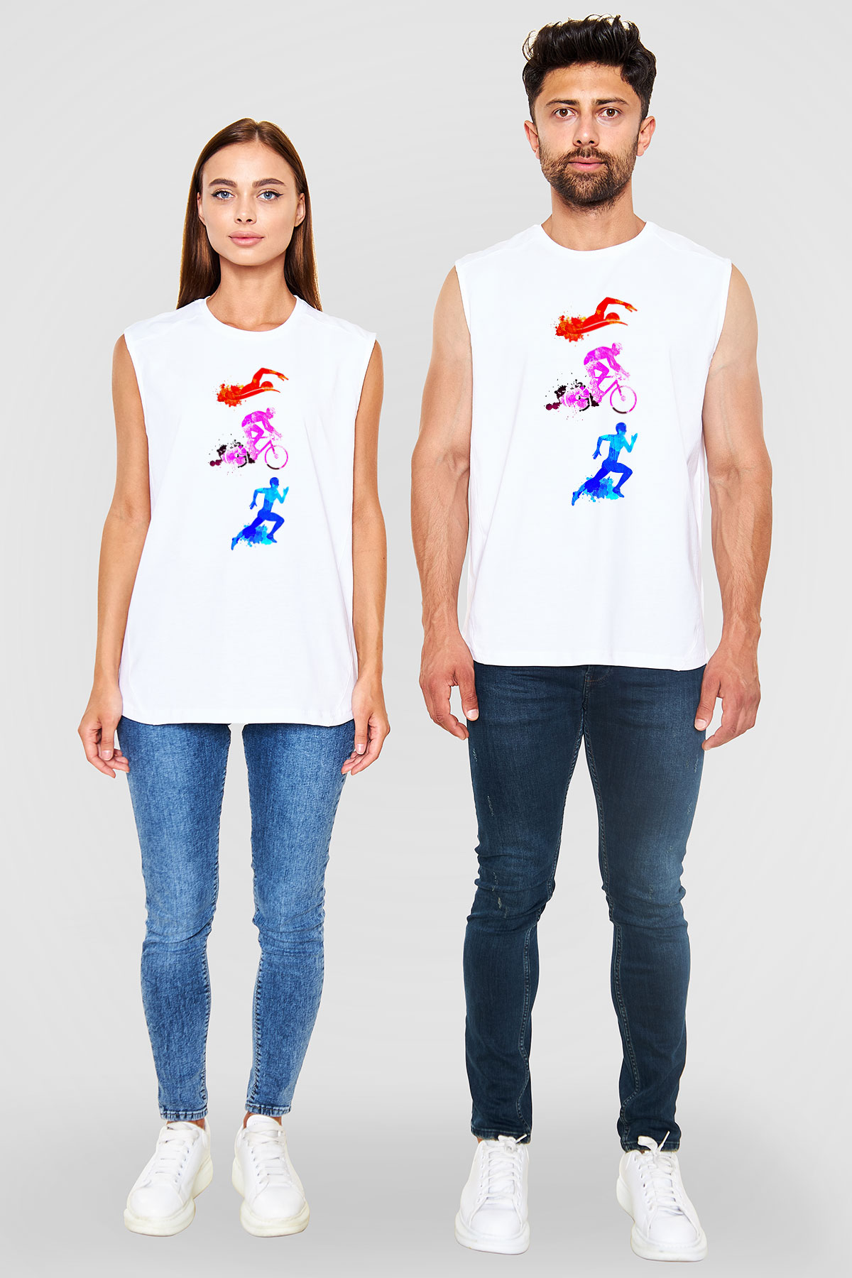 Triathlon Baskılı Unisex Kolsuz Beyaz Tişört