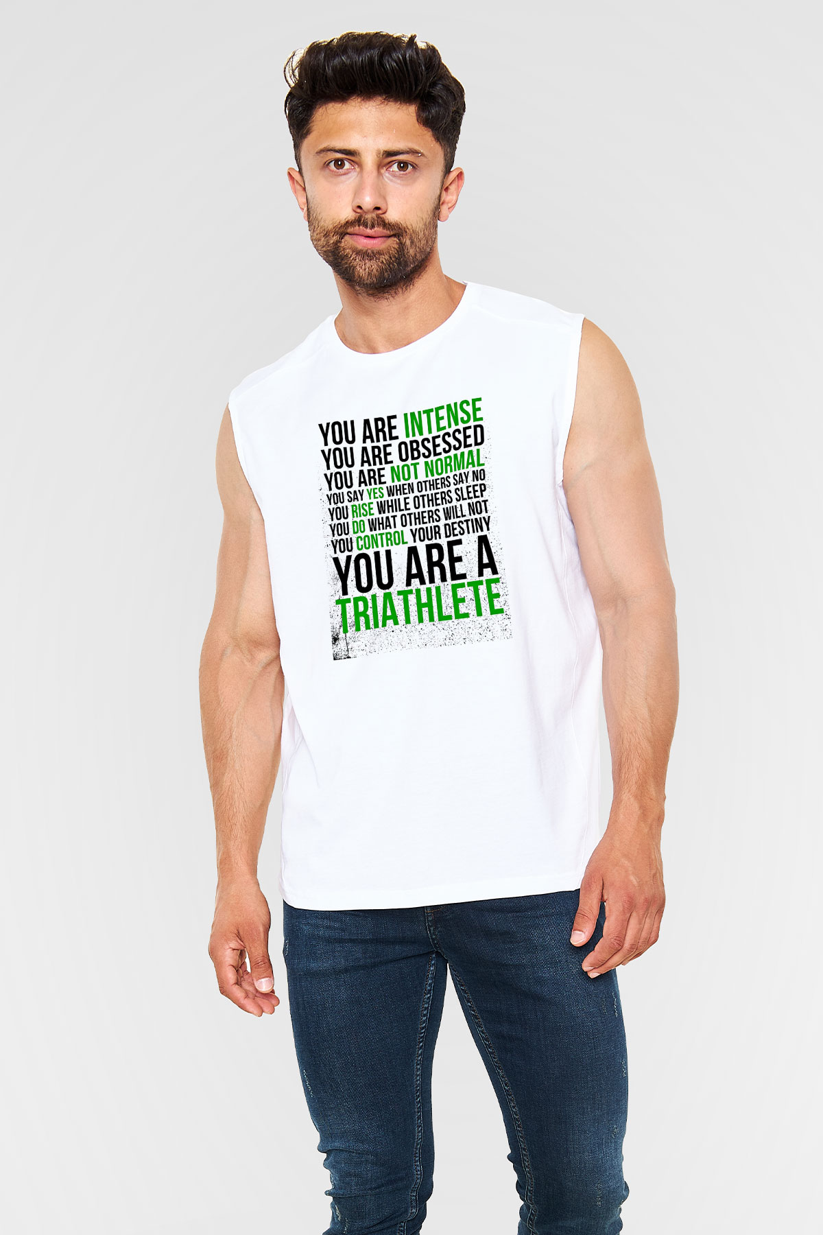 Triathlon Baskılı Unisex Kolsuz Beyaz Tişört
