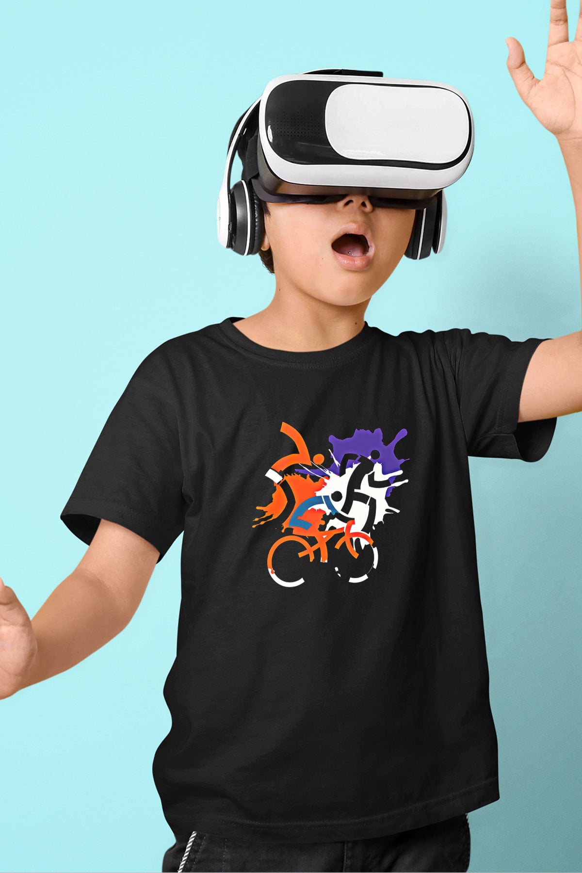Triathlon Baskılı Unisex Siyah Çocuk Tİşörtü - Tshirt