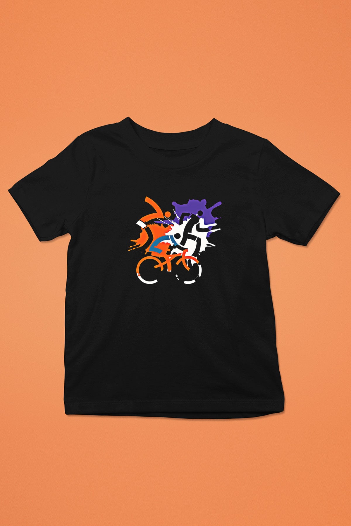Triathlon Baskılı Unisex Siyah Çocuk Tİşörtü - Tshirt